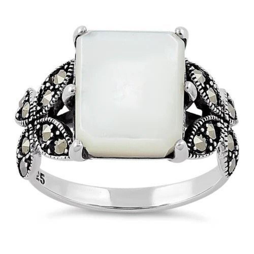 Other Sterling Silver Mother of Pearl Square Marcasite Ring Size ONE SIZE - 2 Thumbnail