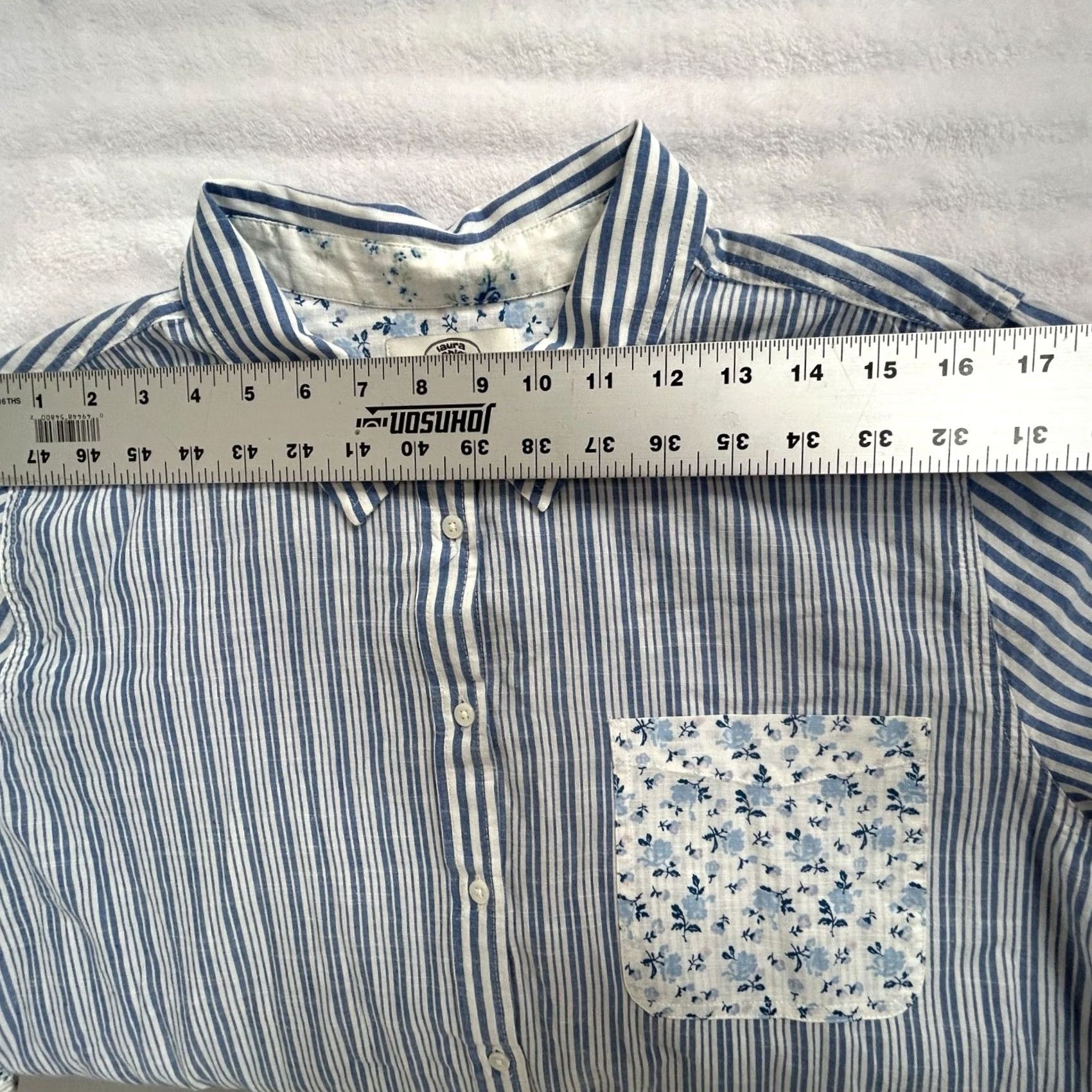 Laura Ashley Laura Ashley X Lucky Brand Striped Floral Patchwork Button-Up Shirt Large Blue Shirt Womens L Blue Striped Floral Patchwork Button-Down Normals 10+ Size L / US 10 / IT 46 - 6 Thumbnail