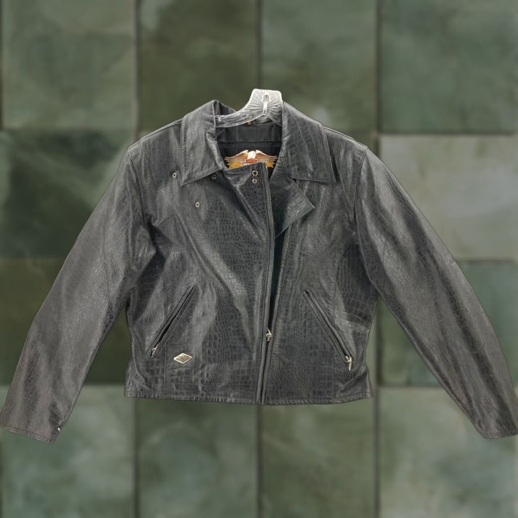 Harley-Davidson Motorcycle Jacket Womens Faux Snake Skin Black L 90s Biker