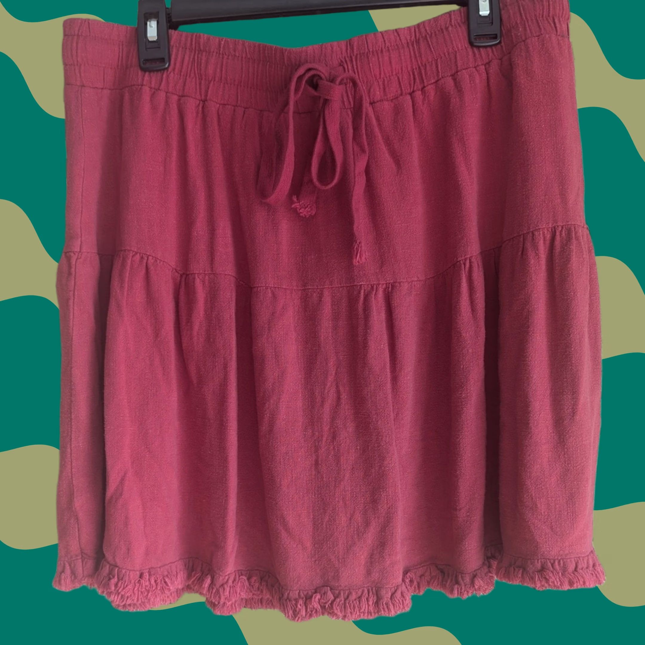 Vintage Umgee Red Linen Blend Tiered Skirt Frayed Hem XL Boho Festival Beach Casual Skirt Womens Linen Blend Mini Frayed Fringe Elastic Waist Summer Spring Size 40" / US 18 - 1 Thumbnail
