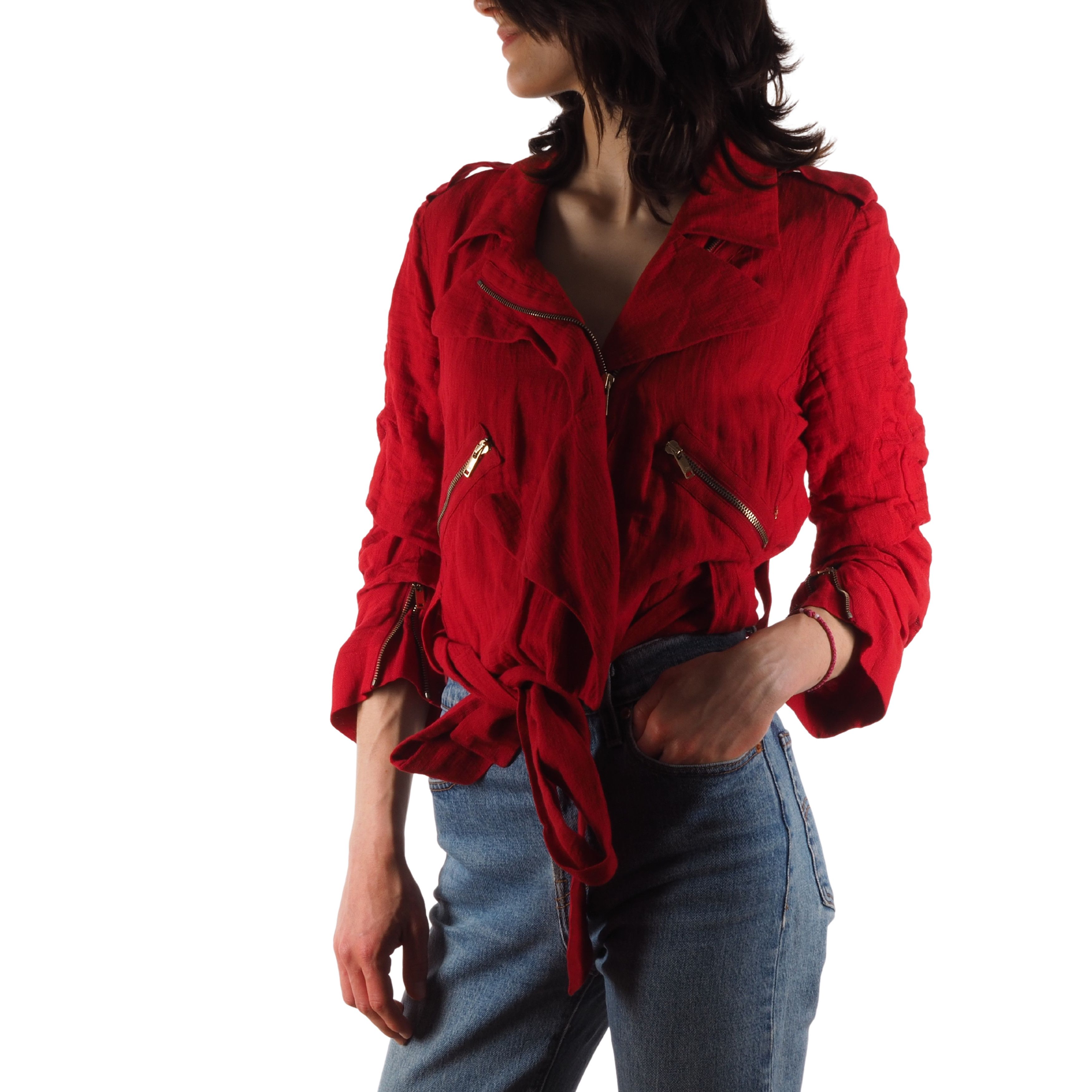 Sonia Rykiel Sonia Rykiel Vintage Red Cropped Draped Linen Moto Jacket Size S / US 4 / IT 40 - 1 Thumbnail