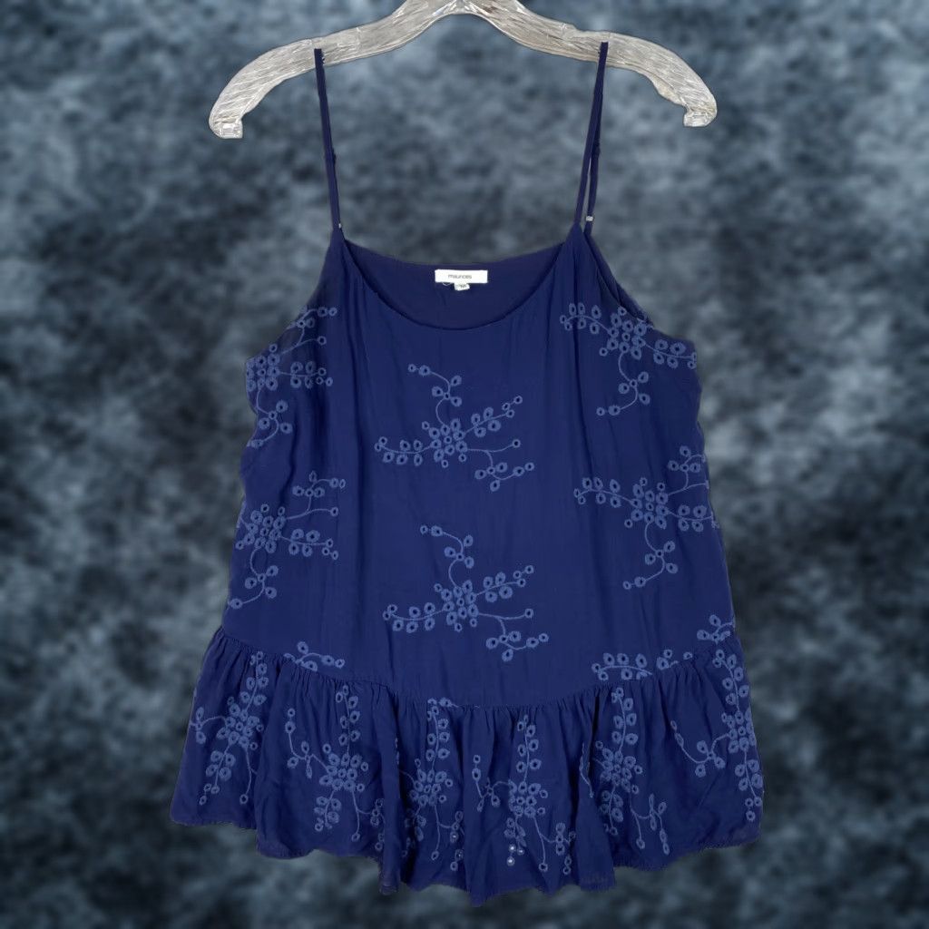 Vintage Maurices Blouse Womens M Blue Sleeveless Lined Floral Printed Flowy Lightweight Knit Spaghetti Strap Size M / US 6-8 / IT 42-44 - 1 Thumbnail