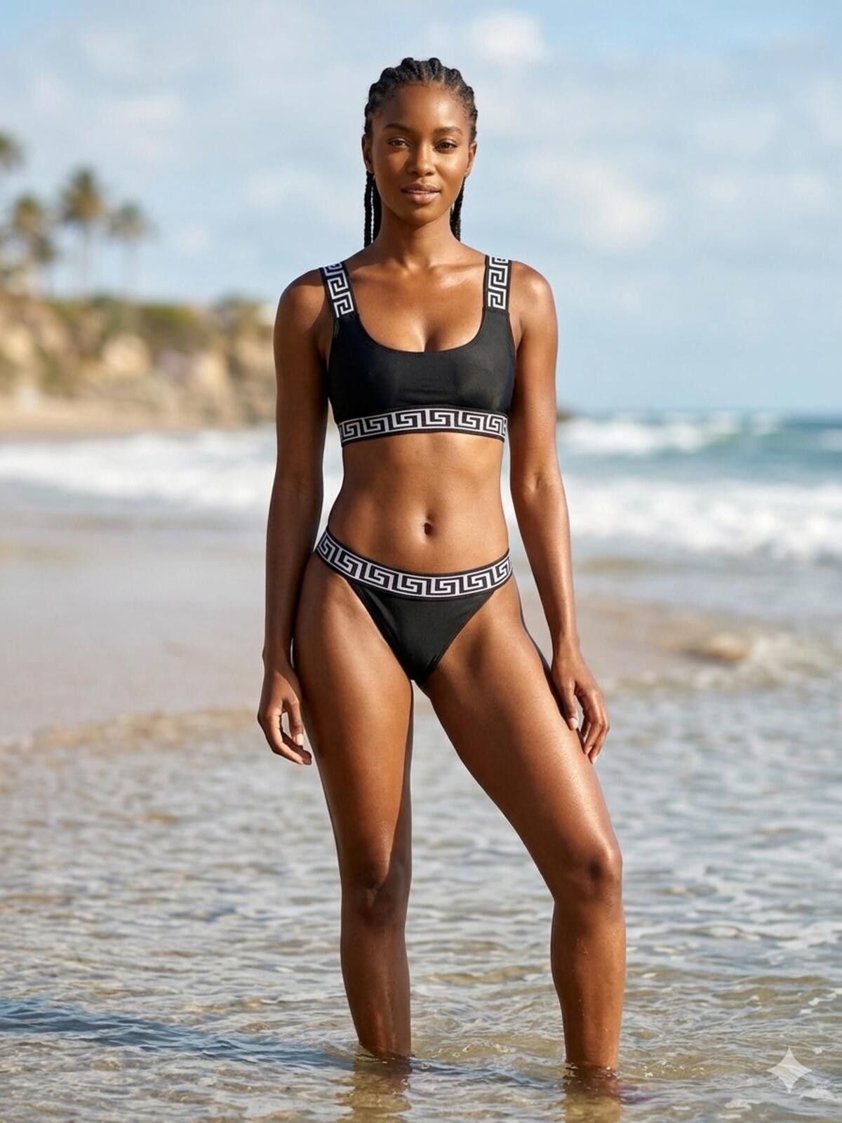 Other Prettylittlething Black Bikini Swimsuit Greek Key Pattern 2 Size ONE SIZE - 1 Thumbnail