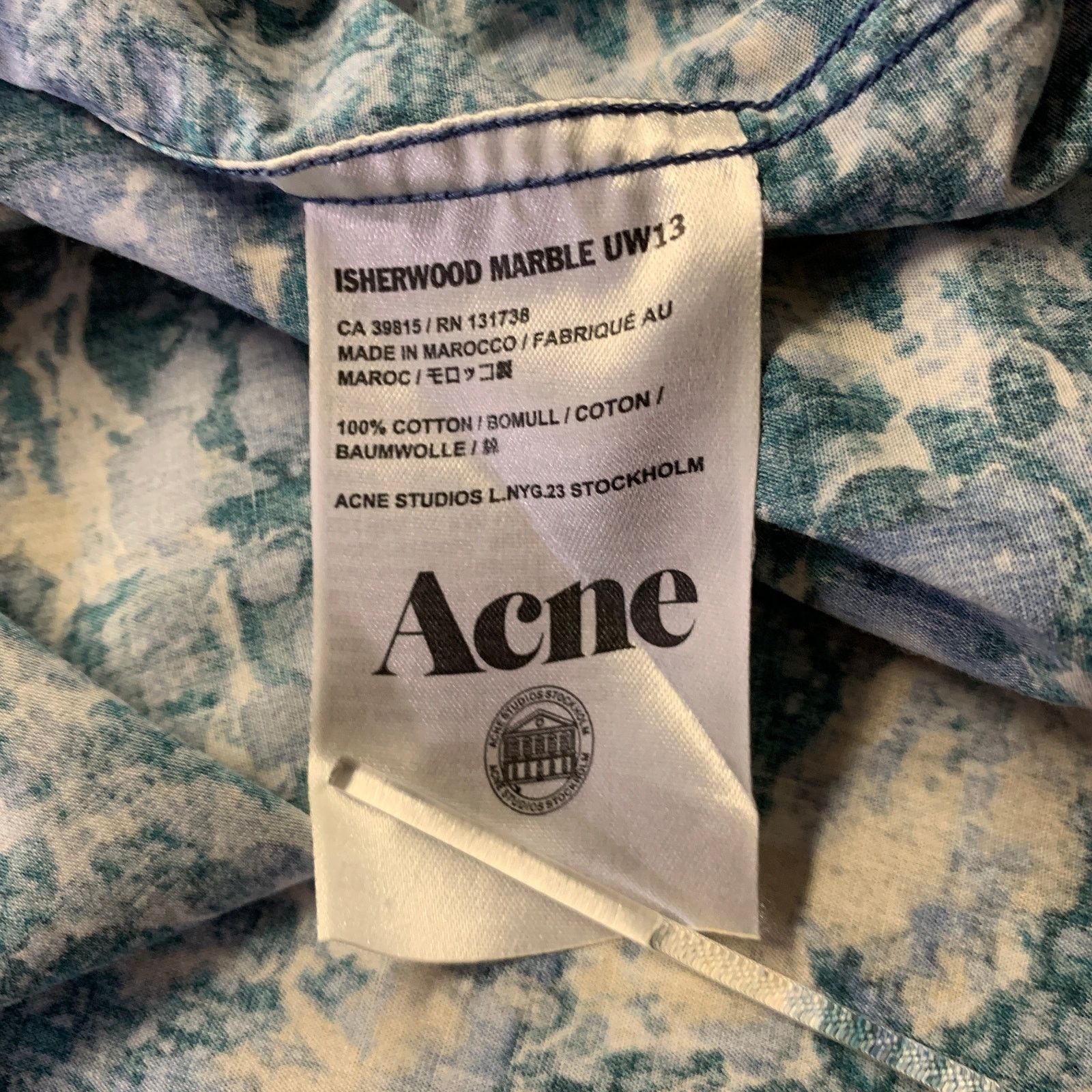 Acne Studios ACNE STUDIOS M Blue Teal Marbled Cotton Button Down Shirt Size US M / EU 48-50 / 2 - 6 Thumbnail