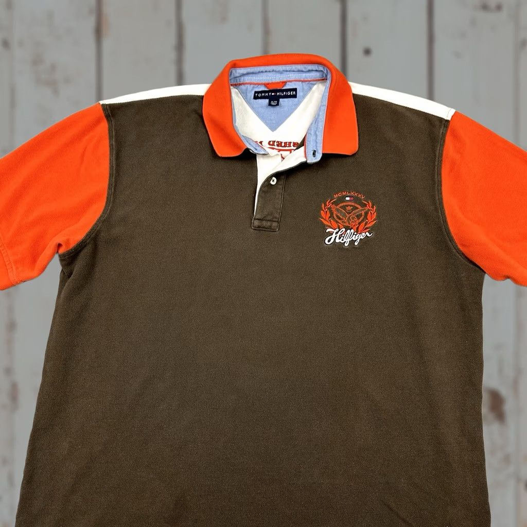 Tommy Hilfiger Vintage Tommy Hilfiger Polo Men XL Brown Orange Crest Embroidered Logo Short Sleeve Collared Button Cotton Casual Activewear Preppy Size US XL / EU 56 / 4 - 1 Thumbnail