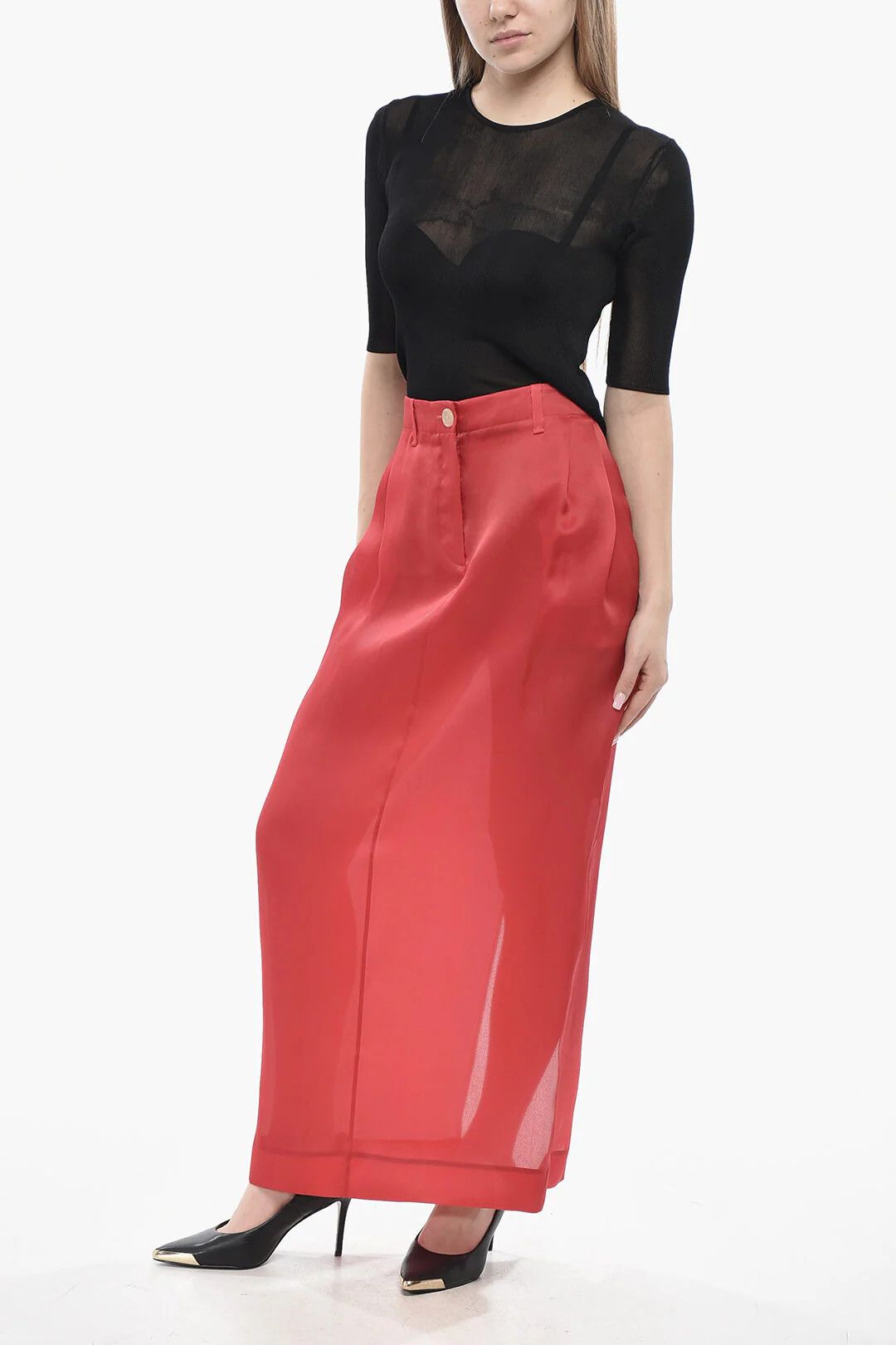 KHAITE og1mm0426 Silk Organza Pencil Skirt in Red Size 27" / US 4 / IT 40 - 3 Thumbnail