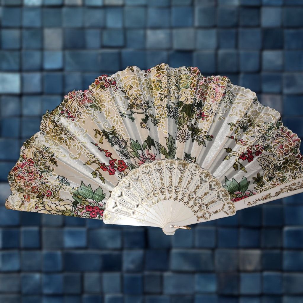 Vintage Vintage Hand Fan White Flowers Small Hand Fan 16 Inch Decorative Collectible Gift Size ONE SIZE - 1 Thumbnail