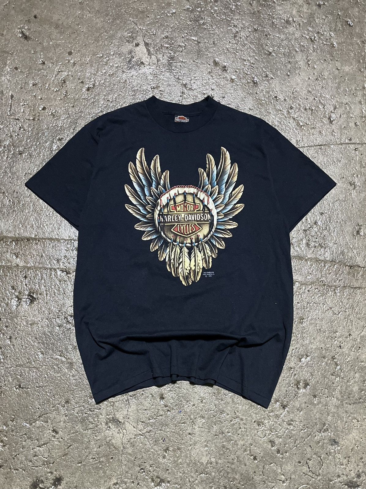 image of 90's Harley Davidson 3D Emblem Dream Catcher Tee in Black, Men's (Size Large)