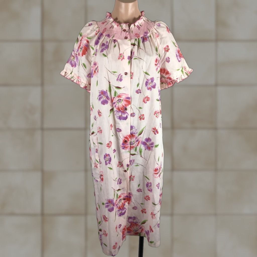 Vintage VINTAGE Dan-Ellen Robe House Coat Pink Floral L Short Sleeve ...