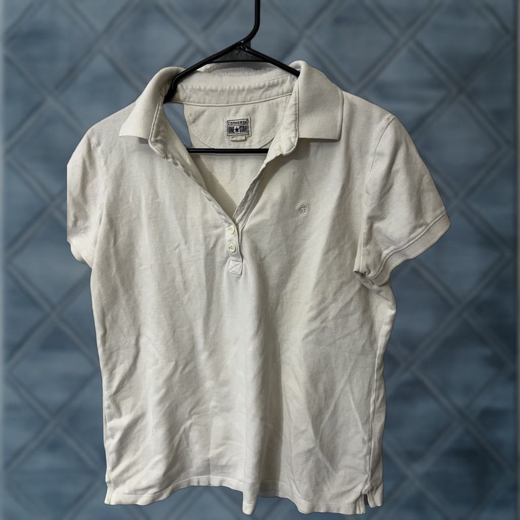 Converse VINTAGE Converse Polo Shirt Women XL White Casual Short Sleeve Cotton Spandex Classic Size 40" / US 18 - 1 Thumbnail