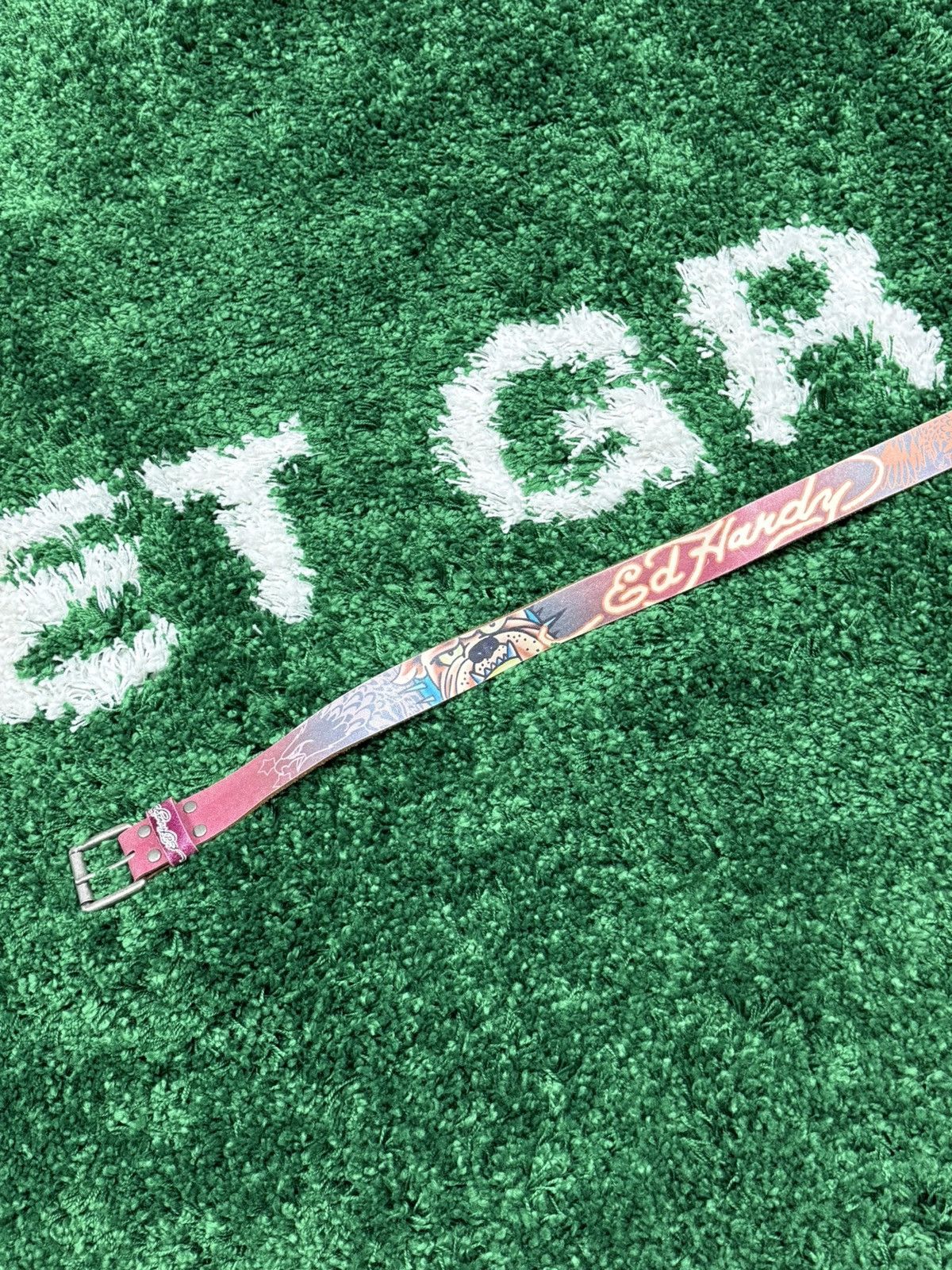 Ed Hardy × Vintage Ed Hardy Pink Leather Bulldog Art Belt Medium y2k 00s Size 34 - 2 Thumbnail