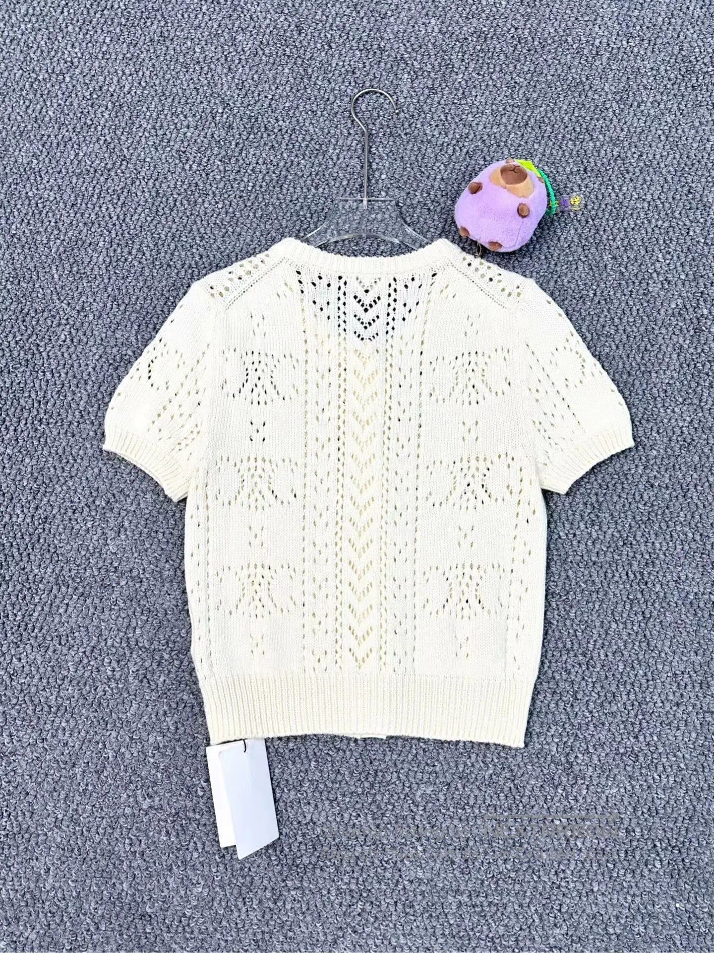 Celine CELINE Off-white mesh logo knitted short-sleeved sweater| Size M / US 6-8 / IT 42-44 - 2 Thumbnail