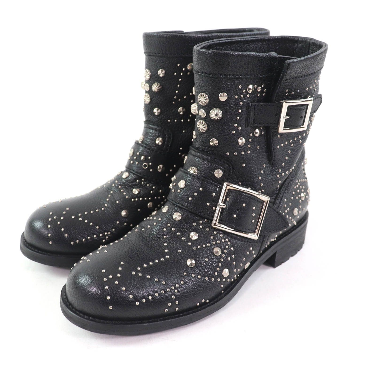 Jimmy Choo Jimmy Choo Studs With Logo Belt Design Leather Boots Leather Shoes in Black, Women's