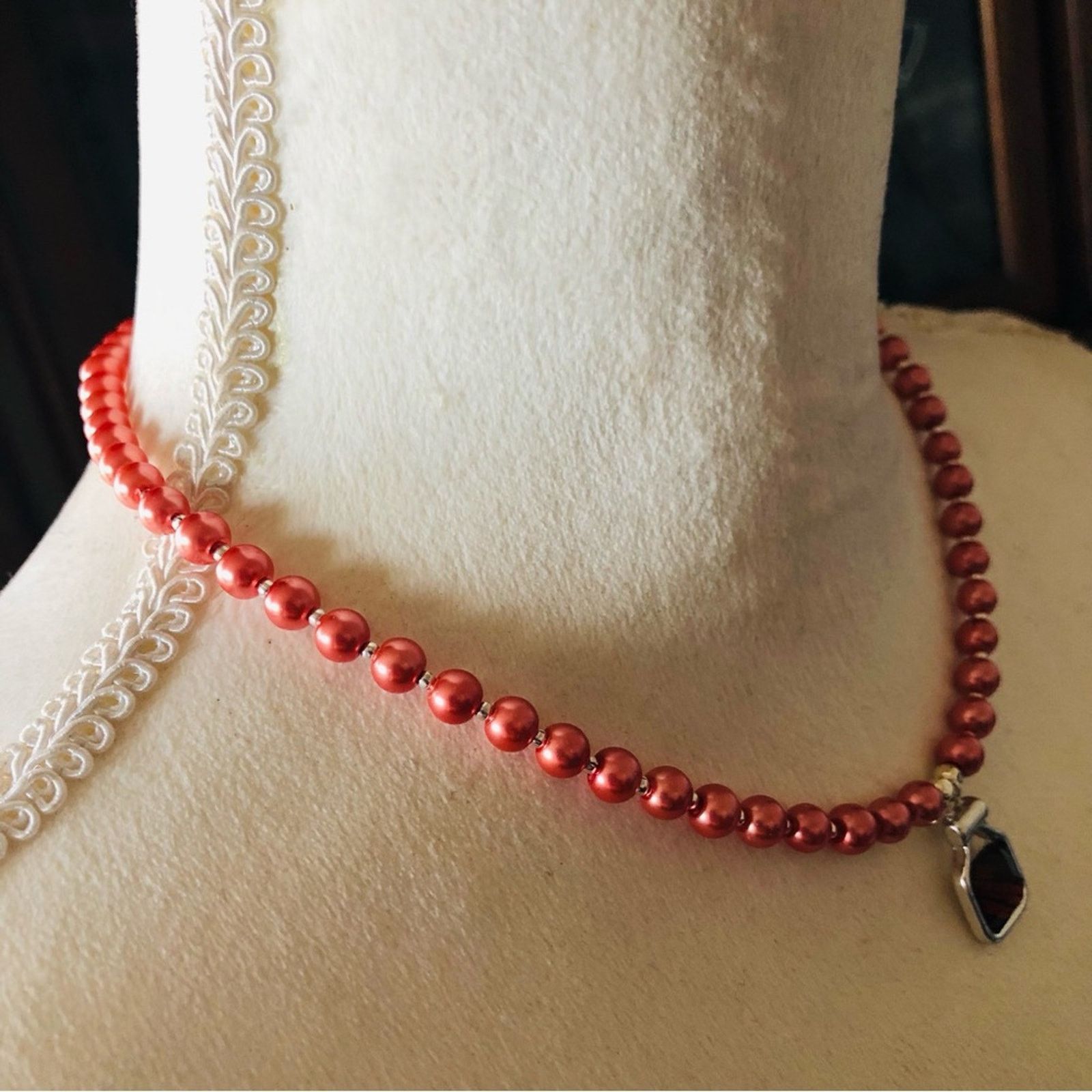 Handmade Handcrafted repurpose antique rose stone Pearl necklace Size ONE SIZE - 3 Thumbnail