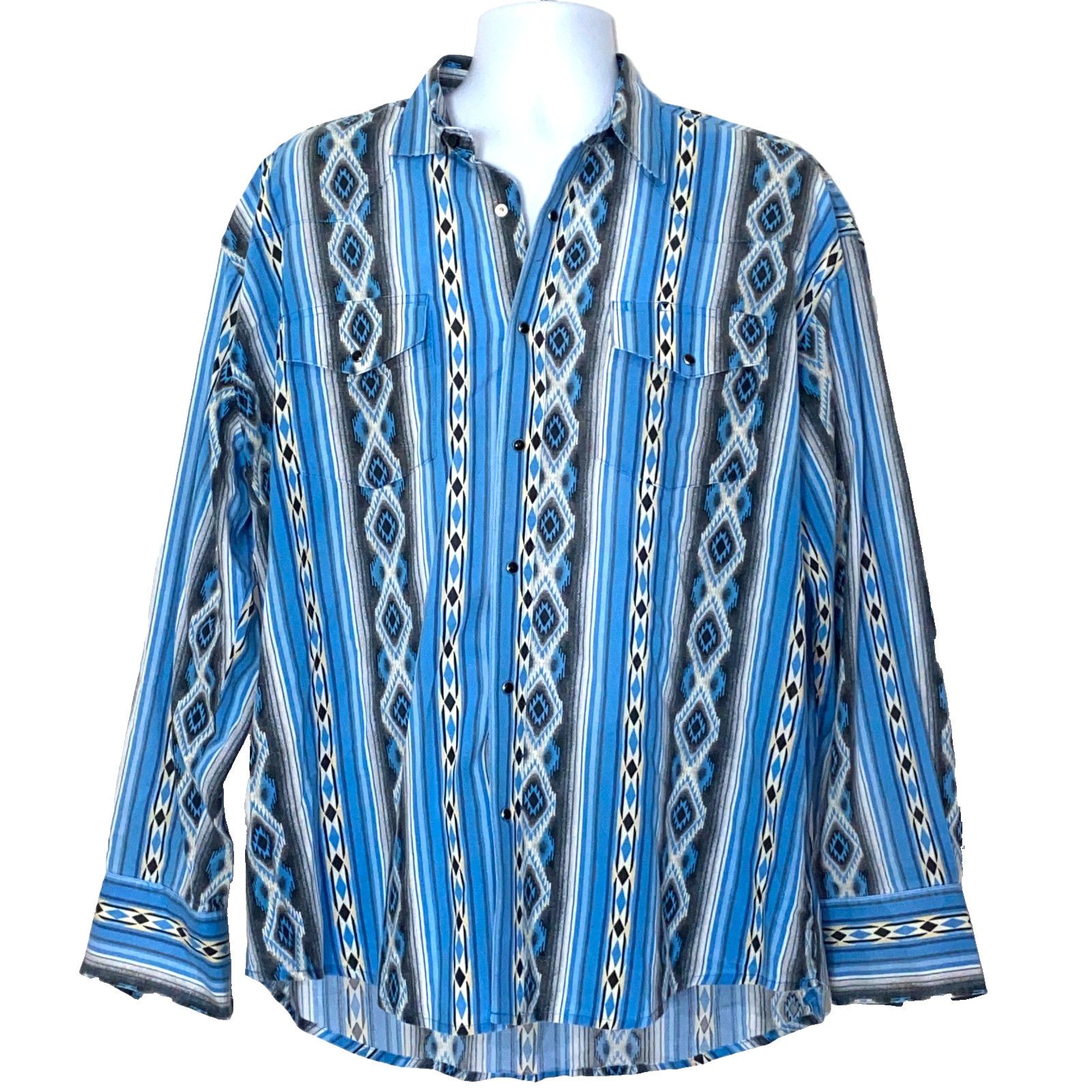 Wrangler Wrangler Shirt Mens XL Blue White Aztec Pearl Snap Size US XL / EU 56 / 4 - 1 Thumbnail
