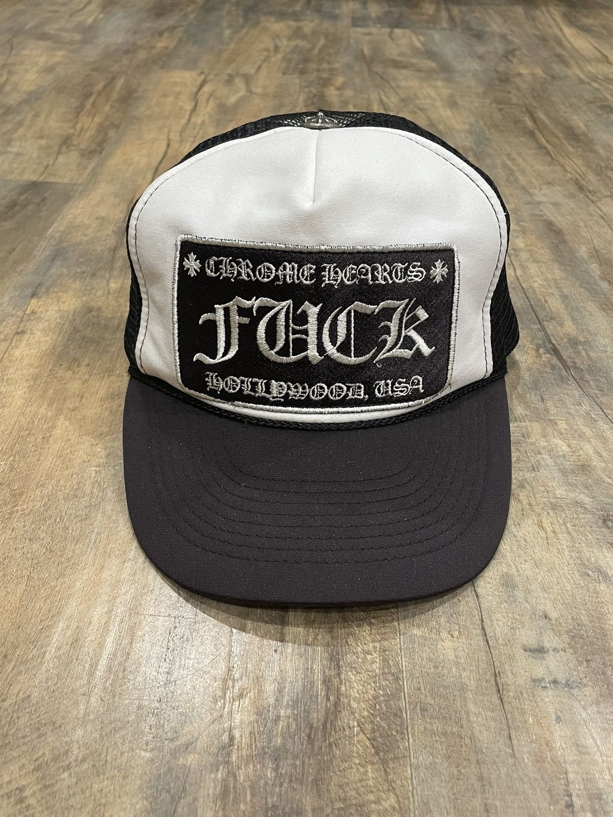 Pre-owned Chrome Hearts X Vintage Chrome Hearts Fuck Hollywood Trucker Hat Black White In Black/white