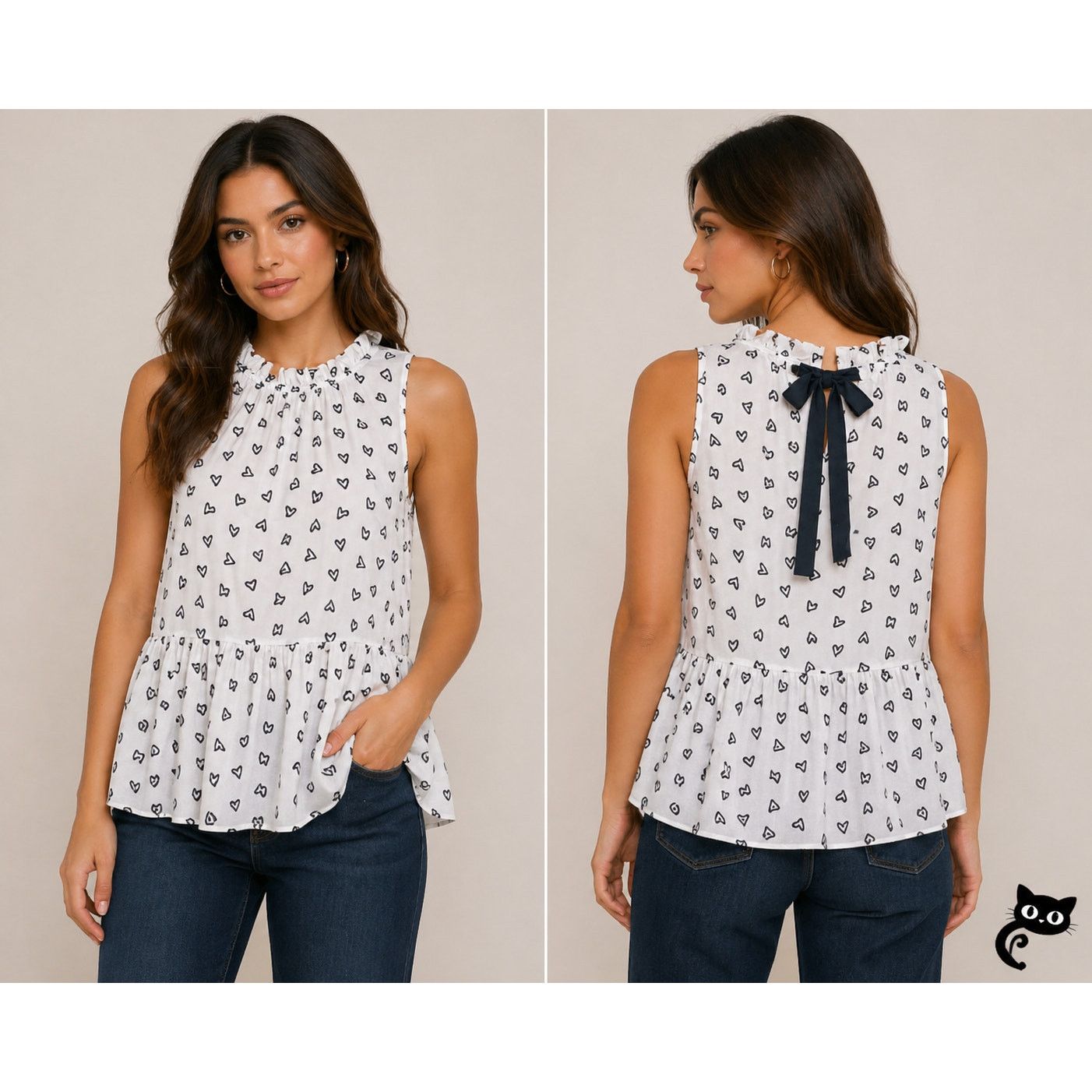 Loft Loft White Ruffle Peplum Top Black Hearts Sleeveless XSP Size XS / US 0-2 / IT 36-38 - 3 Thumbnail
