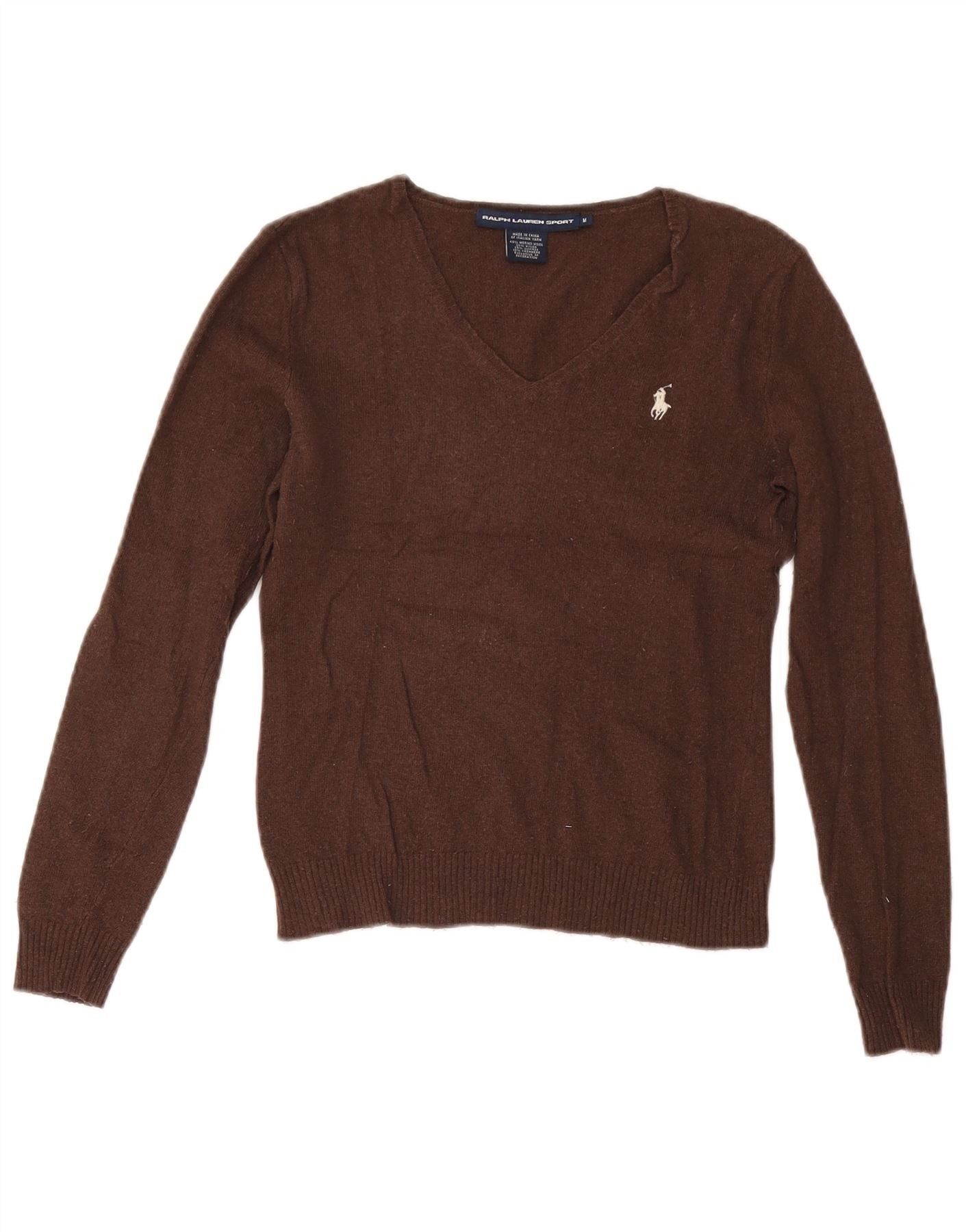 Ralph Lauren Womens Crop V-Neck Jumper Sweater UK 12 Medium Brown Wool Size S / US 4 / IT 40 - 1 Thumbnail