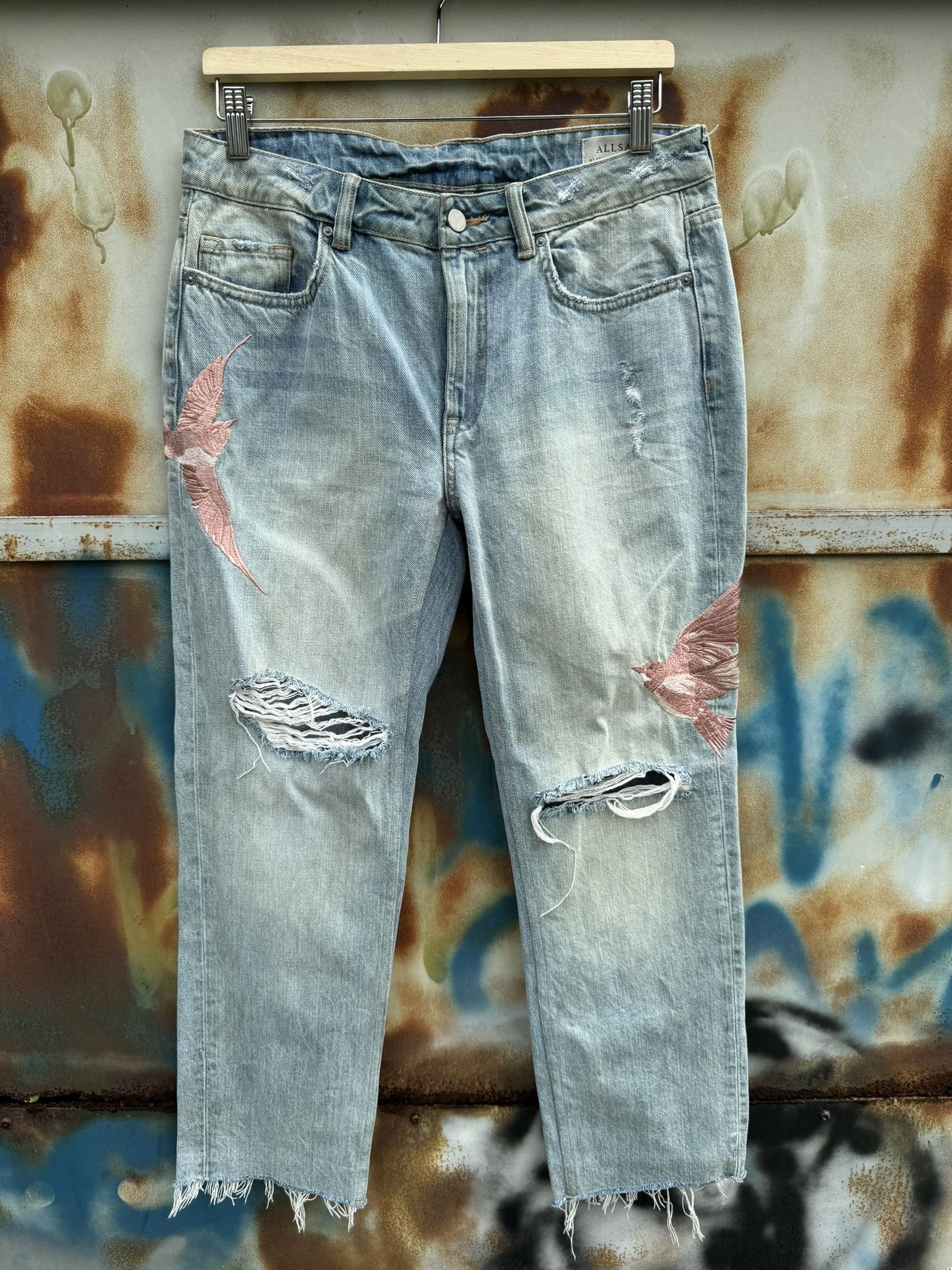 image of Allsaints Alana Birds Embroidered Boyfriend Jeans In Indigo, Women's (Size 32)
