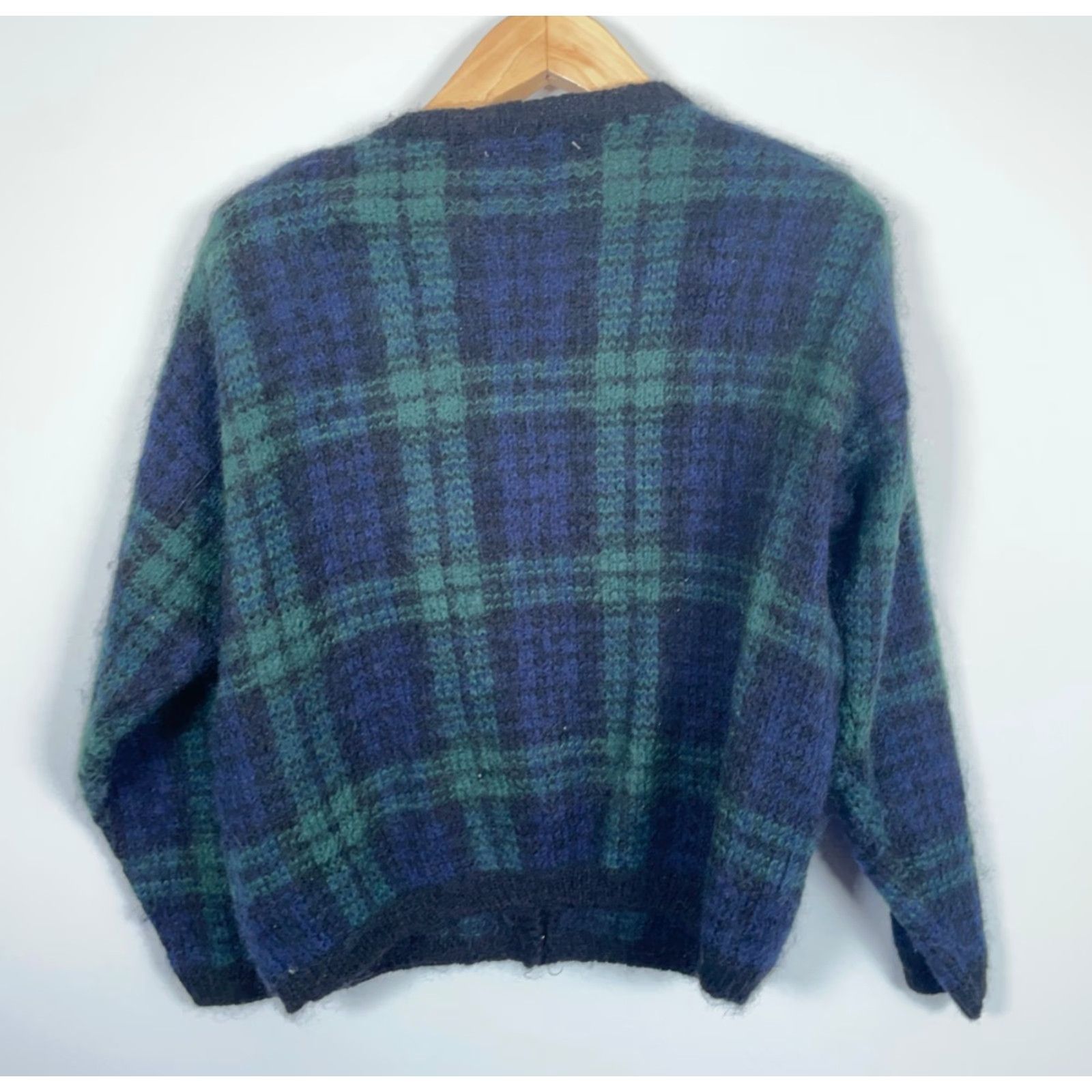 Swatch VINTAGE 90s Mohair Cardigan Women's Large Green Blue Black Watch Sweater Boxy Fit Size L / US 10 / IT 46 - 2 Thumbnail