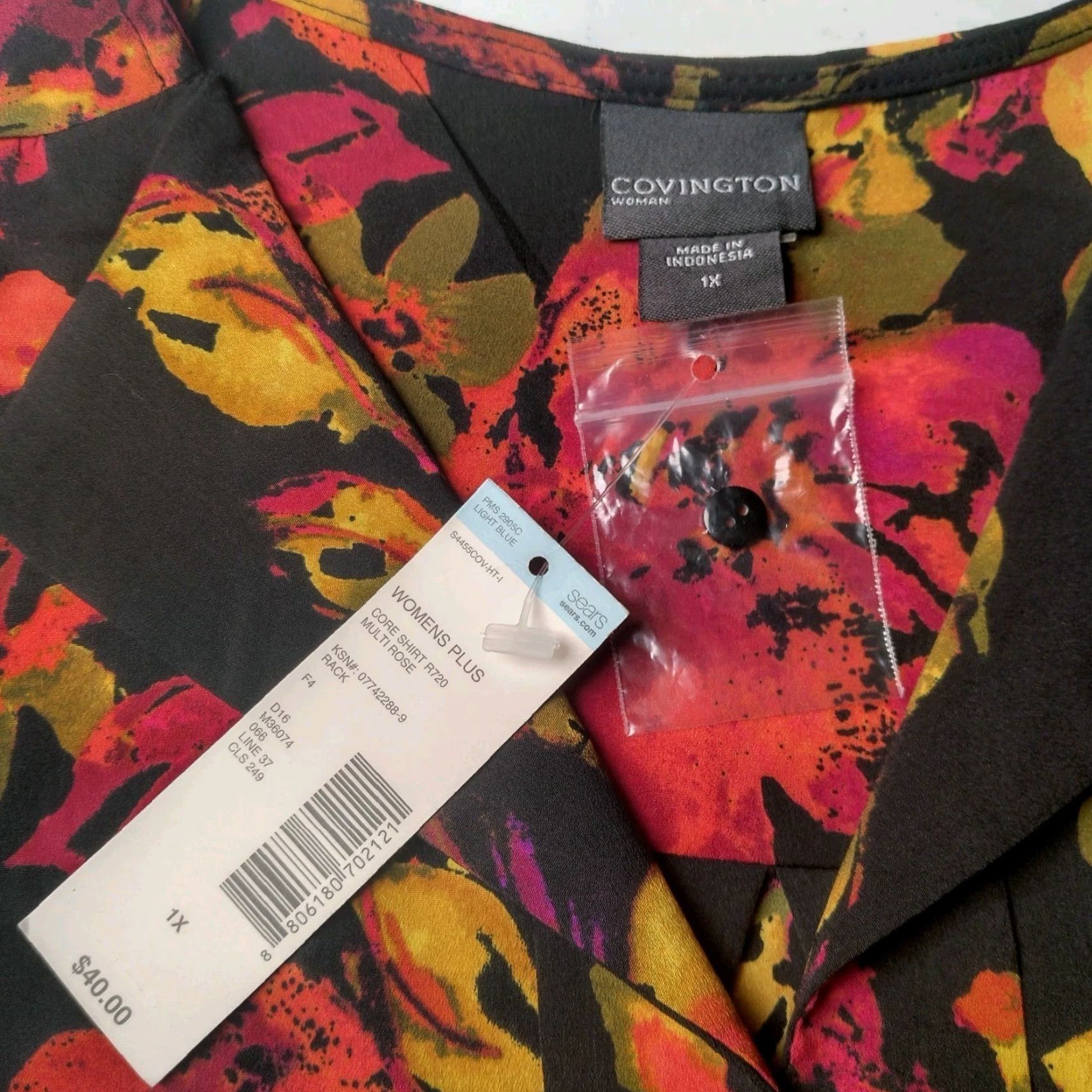 Vintage Covington Blouse Shirt 1X Plus Size Woman Floral 3/4 Roll Tab Sleeve Black Pink Salmon Size XL / US 12-14 / IT 48-50 - 5 Thumbnail
