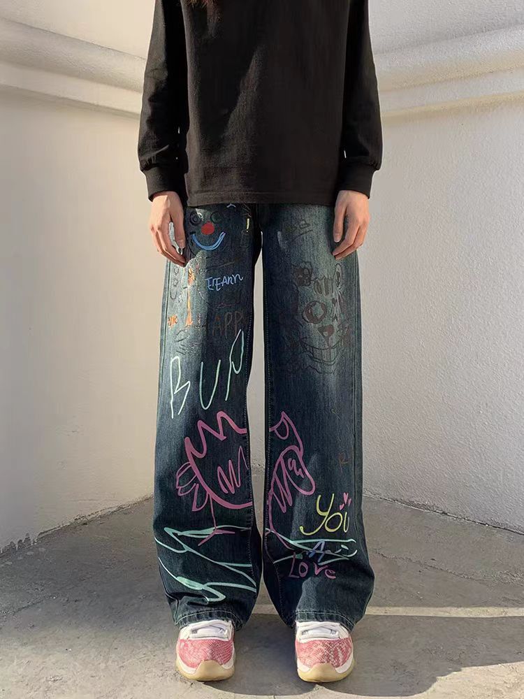 Street Wash Hip Hop Graffiti Relaxed Jeans