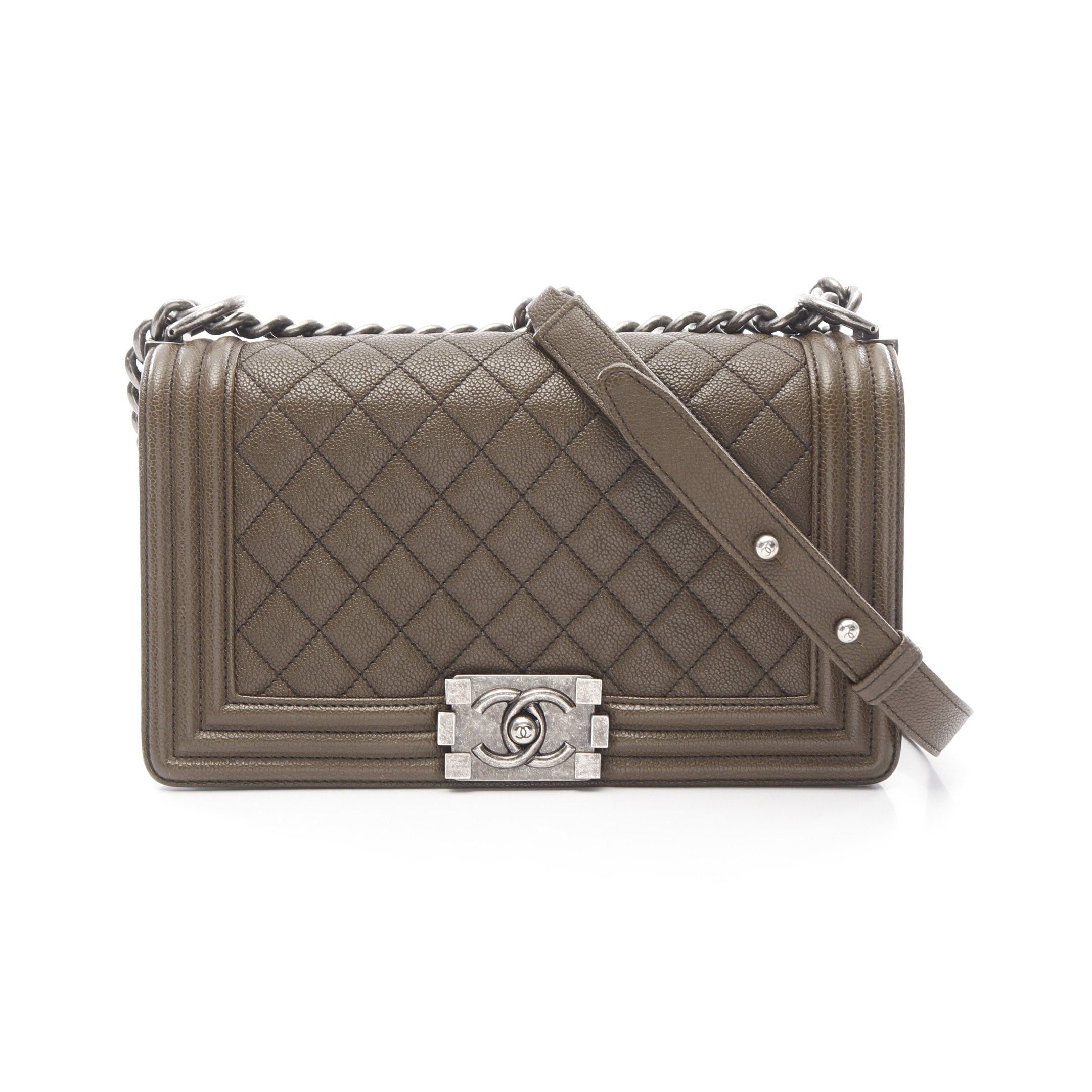 Chanel Boy Chanel Chain Shoulder Bag Caviar Skin Khaki Brown Antique Silver Hardware