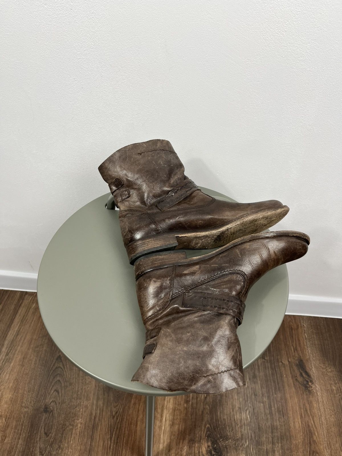 Leather Distressed Brown Leather Biker Ankle Boots Buckle Strap 38 Size US 7 / IT 37 - 8 Thumbnail