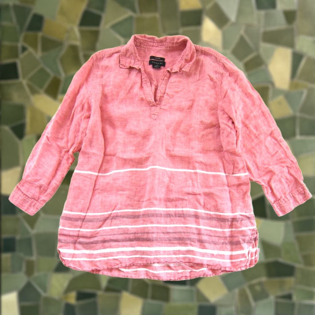Vintage Tahari 100% Linen Pink White Stripe 3/4 Sleeve Collared V-Neck Tunic Blouse 2X Size XXL / US 16-18 / IT 52-54 - 1 Thumbnail