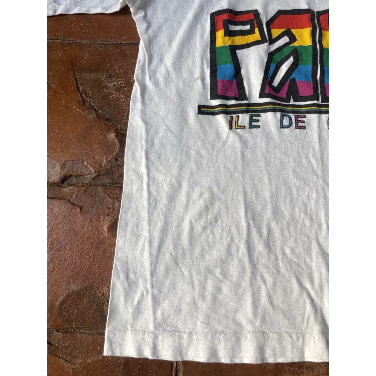 Rainbow VINTAGE 80s Paris France Rainbow Tourist Souvenir T-Shirt Large White Cotton Crew Neck Short Sleeve Men Size US L / EU 52-54 / 3 - 5 Thumbnail