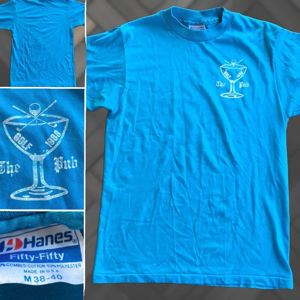 Hanes VINTAGE Hanes Fifty Fifty The Pub GOLF 1988 T Shirt 80s Made In USA Size M Blue Short Sleeve Mens Graphic Tee Size US M / EU 48-50 / 2 - 1 Thumbnail