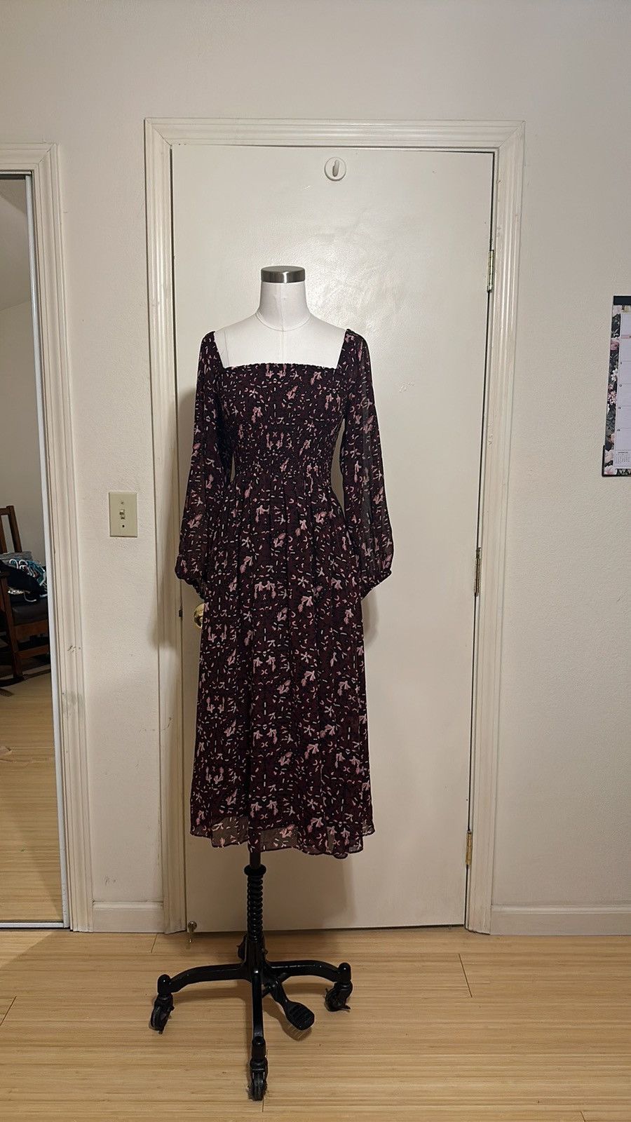 NWT (Re)sourced Georgette Sheer-Sleeve Smocked Midi Dress