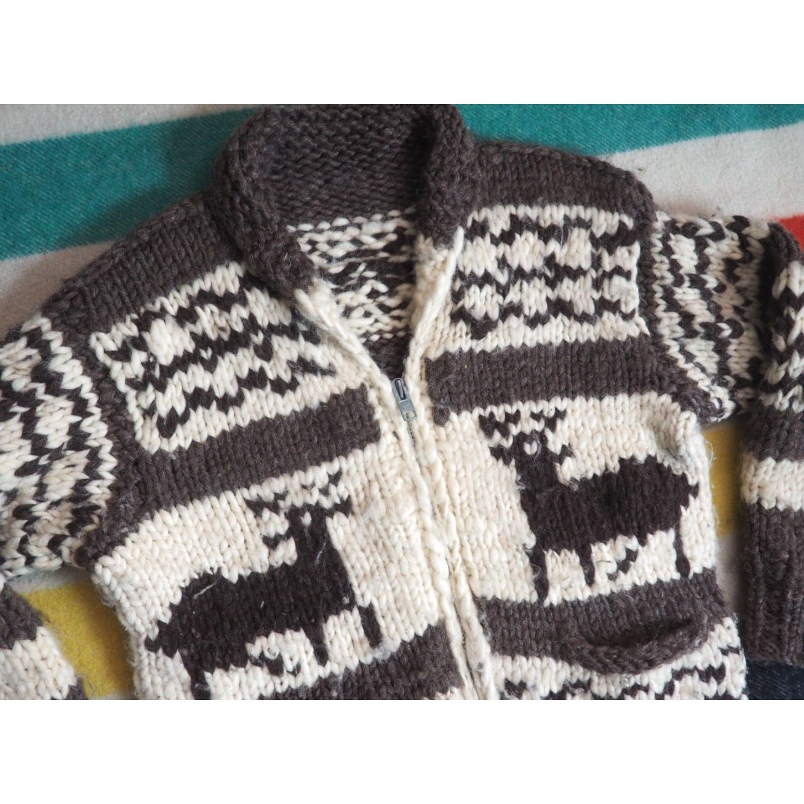 Vintage VTG 80s Ivory Cream Brown Heavy Wool Knit Deer Lodge Zip Cowichan Sweater Mens S Size US S / EU 44-46 / 1 - 3 Thumbnail