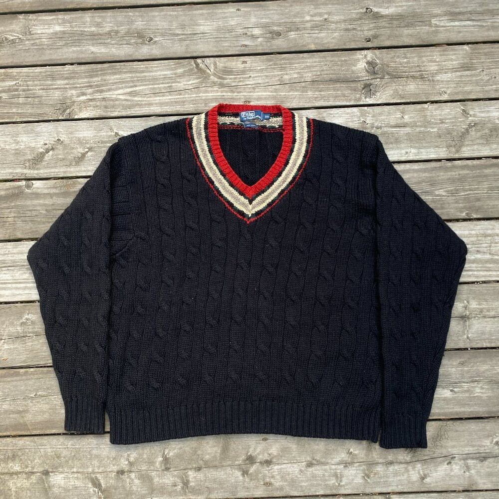 Vintage POLO RALPH LAUREN Wool Sweater Cable Knit V Neck Fa