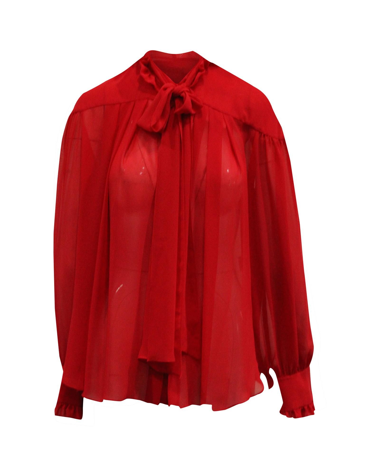 image of Rejina Pyo Red Tie Neck Long Sleeve Blouse With Step Hemline In Lightweight Polyester, Women's (Siz