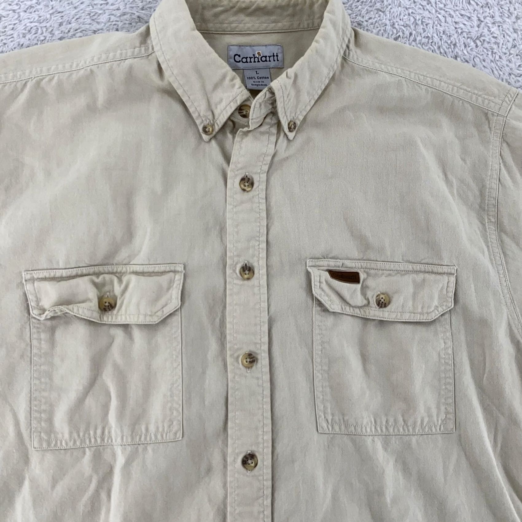 Carhartt Carhartt Shirt Mens Large Button-Down Short Sleeve Workwear Outdoor Pockets Beige Cotton Canvas Collar-Down Button-Up Vintage: No Size US L / EU 52-54 / 3 - 2 Thumbnail