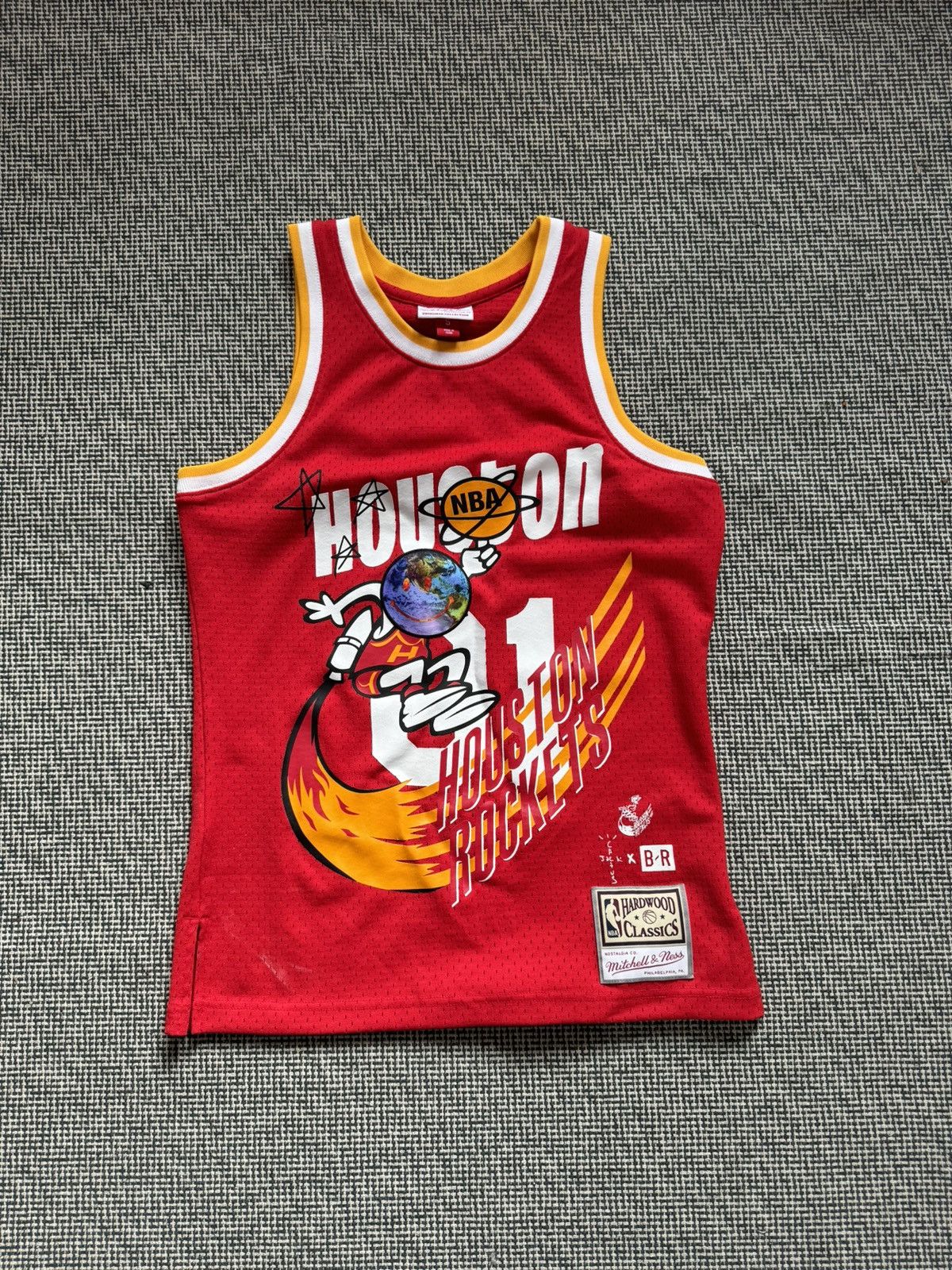 Image of Mitchell Ness x Travis Scott Mitchell And Ness Houston Rockets Jersey in Red, Men's (Size Small)