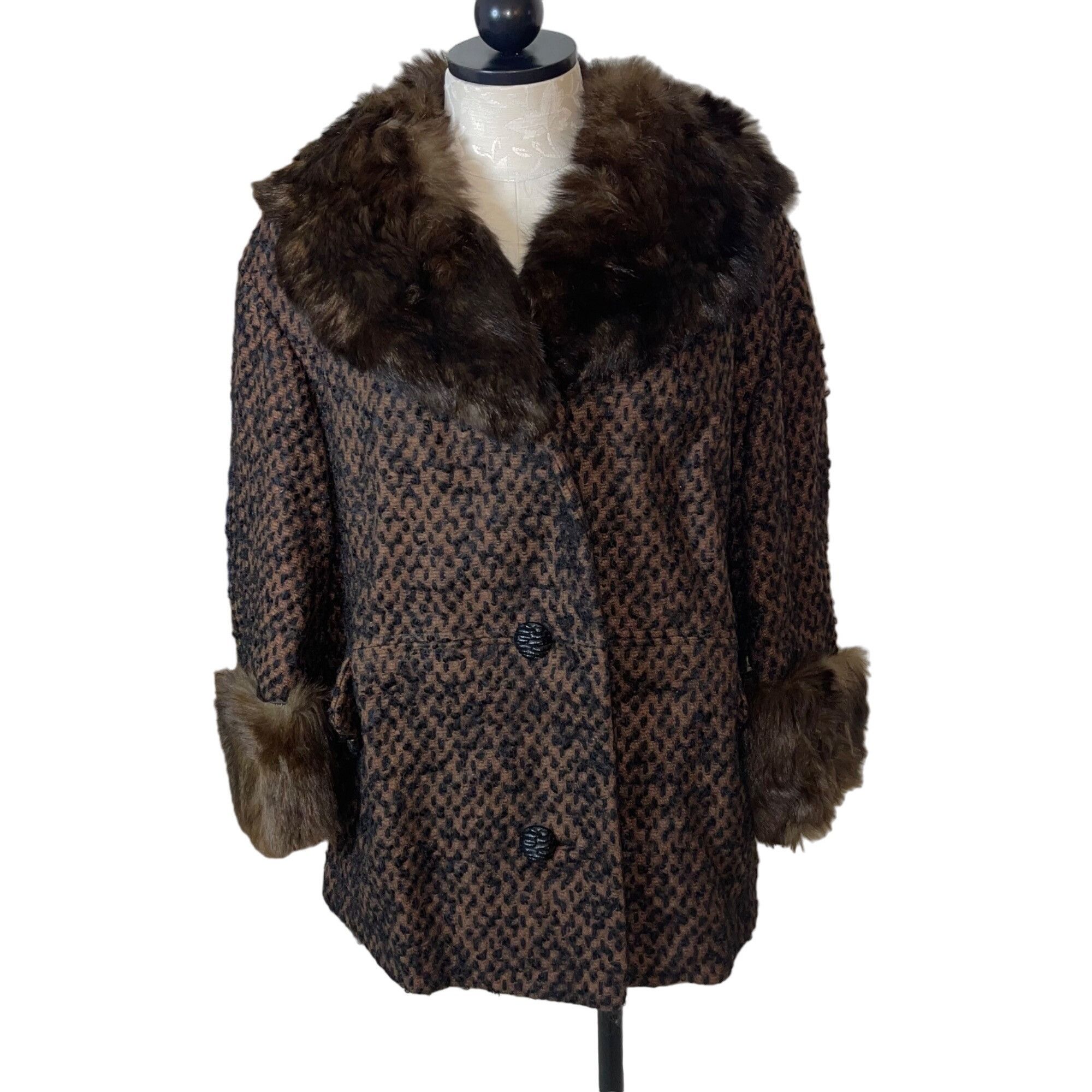 Vintage Womens Coat Size Large Brown Black Tweed Fur Collar