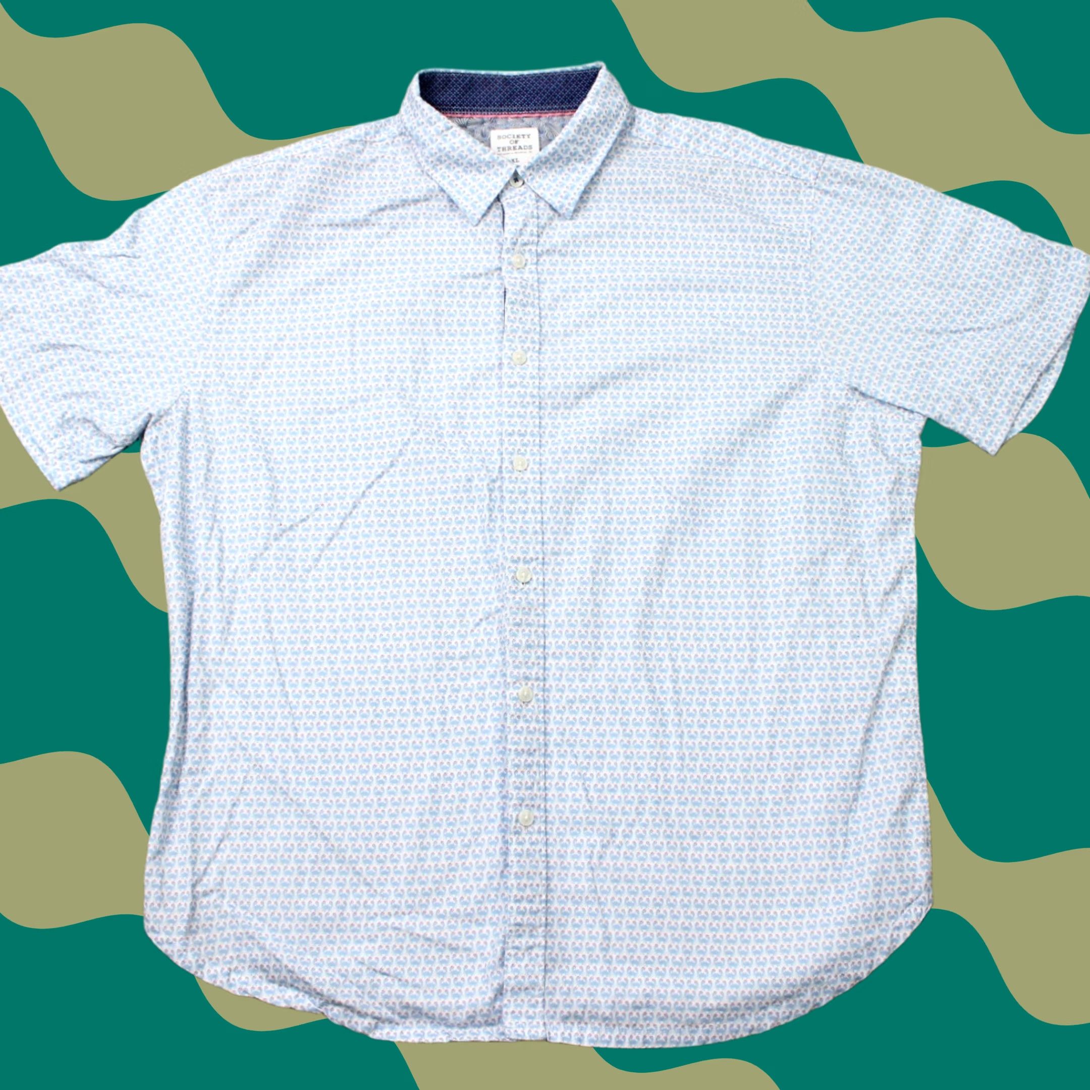Vintage Society of Threads Shirt Mens XL Blue Crab All Over Print S/S Button-Up Graphic Print Casual Cotton Blend Twill Lightweight Breathable Non-Iron Size US XL / EU 56 / 4 - 1 Thumbnail