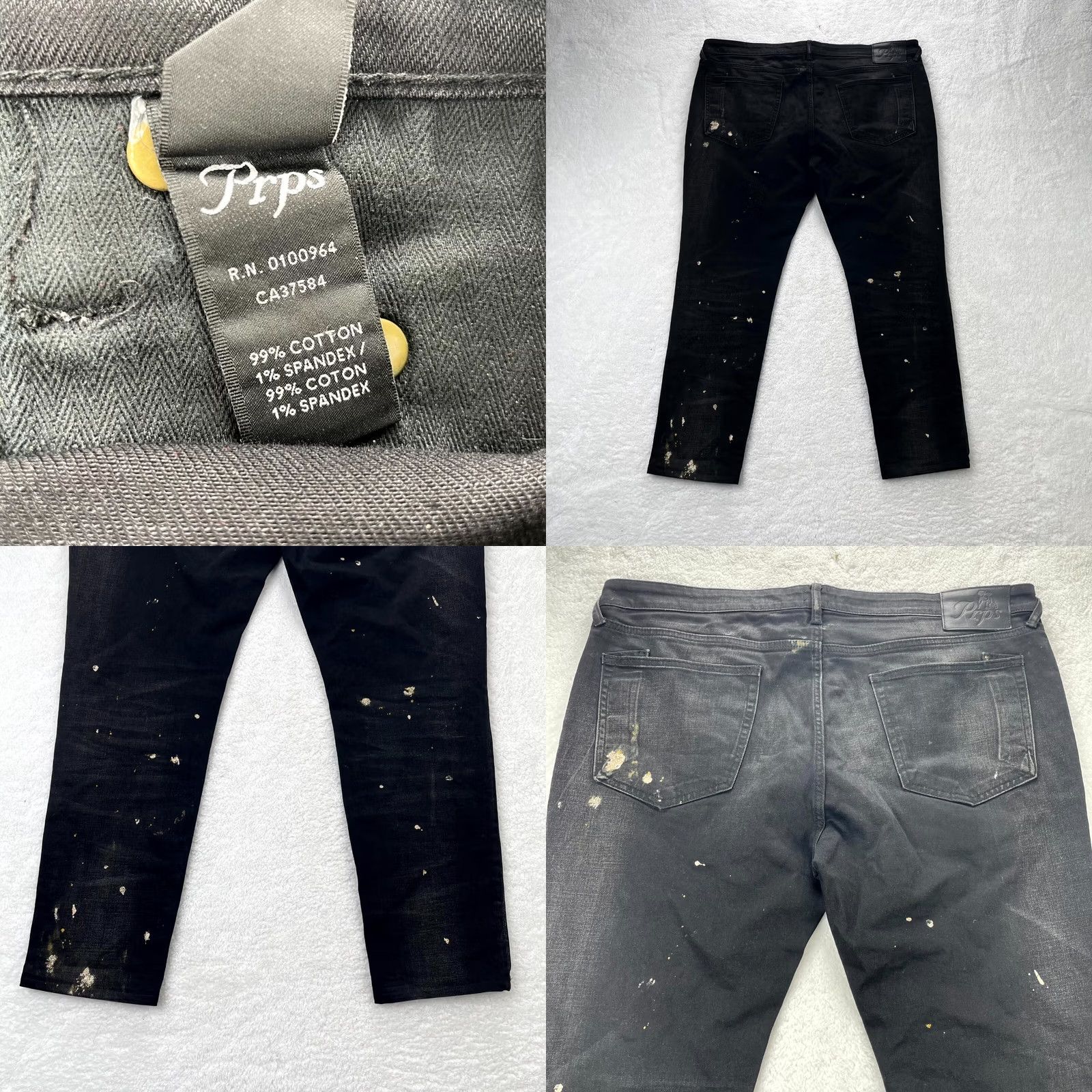 Prps PRPS Jeans Mens 44x30 Black Gold Paint Distressed Stretch Denim Straight 5-Pocket Zipper Button Regular Size US 44 / EU 60 - 8 Thumbnail
