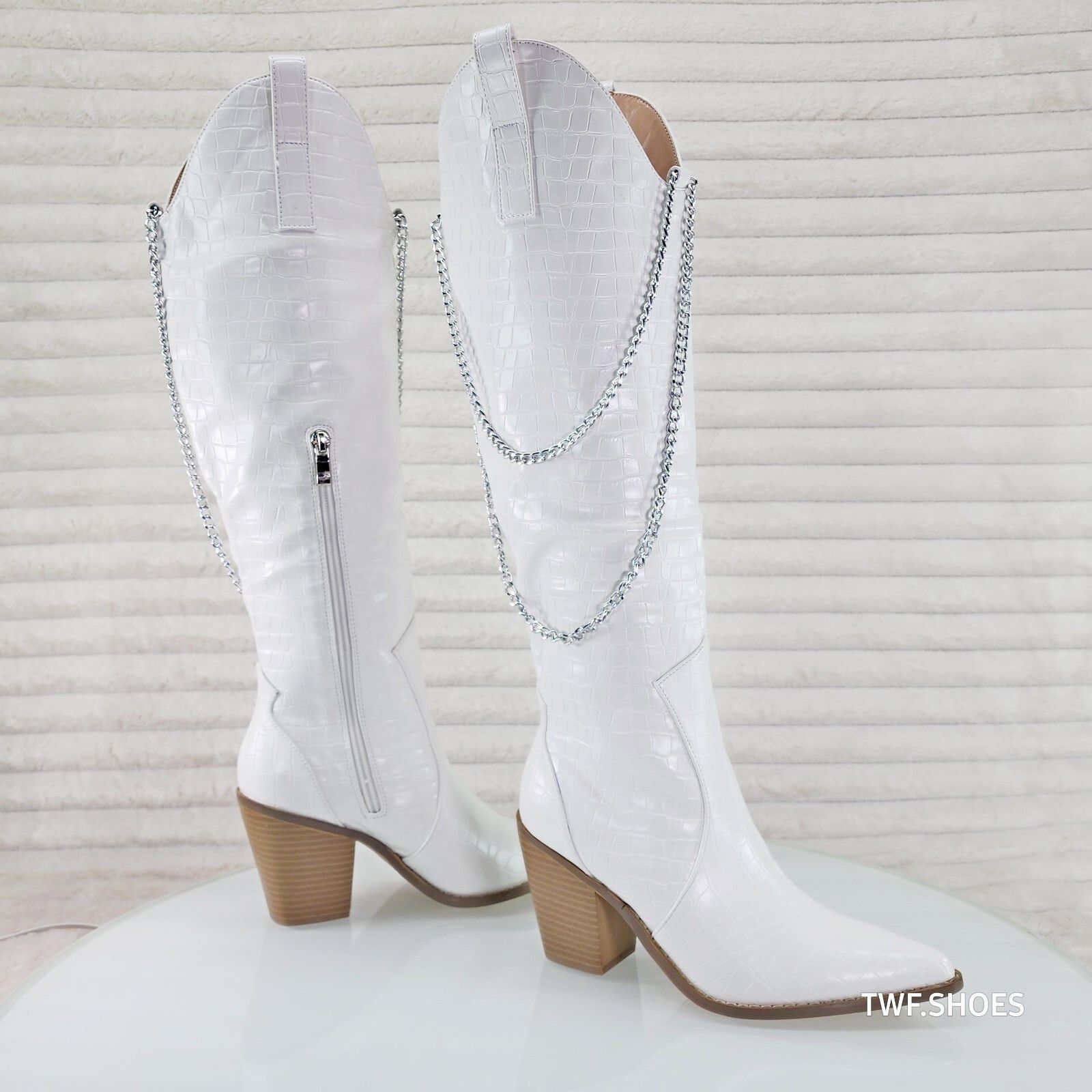 Other Dallas White Snake Texture Western Knee High Draped Chain Co Size US 11 / IT 41 - 1 Thumbnail