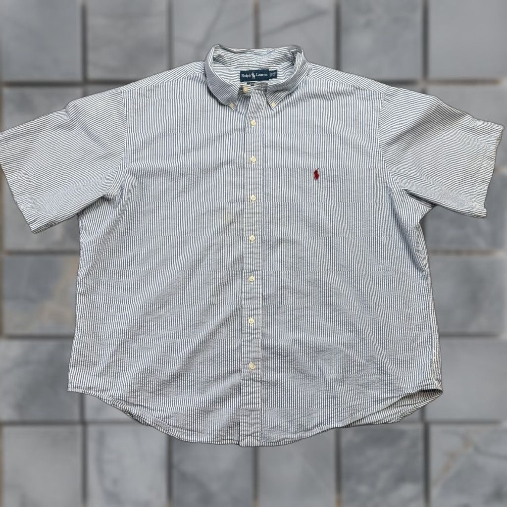 Polo Ralph Lauren VTG Polo Ralph Lauren Shirt Mens Big & Tall 3XB Seersucker Striped White Blue Cotton Button-Up Size US XXL / EU 58 / 5 - 1 Thumbnail