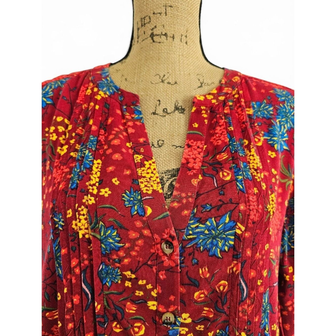 Anthropologie Anthropologie Maeve Floral Pintuck Red Boho Peasant Top Rol Size XL / US 12-14 / IT 48-50 - 3 Thumbnail