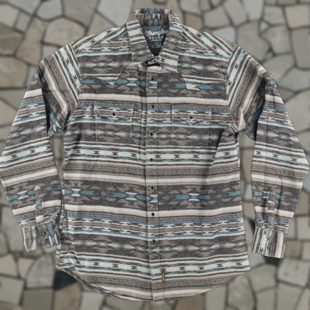Wrangler Wrangler Aztec Flannel Pearl Snap Shirt Gray Men's XLT Shirt Size US XL / EU 56 / 4 - 1 Thumbnail