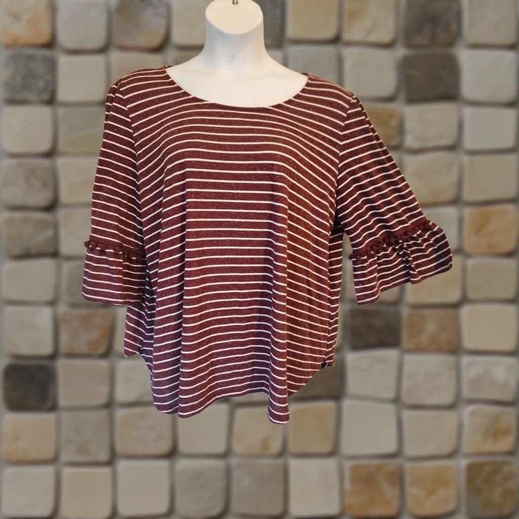 Vintage Suzanne Betro Blouse Burgundy White Stripe Pom Pom Bell Sleeve Top 4X Women Size XXL / US 16-18 / IT 52-54 - 1 Thumbnail