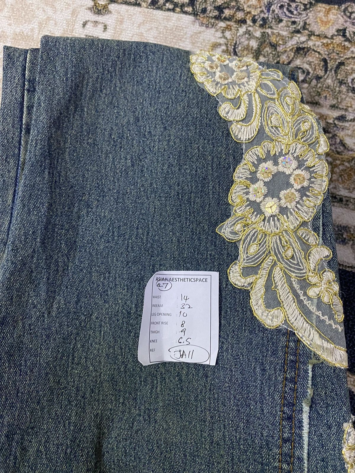 If Six Was Nine × Japanese Brand × Le Grande Bleu (L.G.B.) Flare Unisex PantoMime Mud Washed Embroid Flower Patchwork Size US 27 - 15 Thumbnail