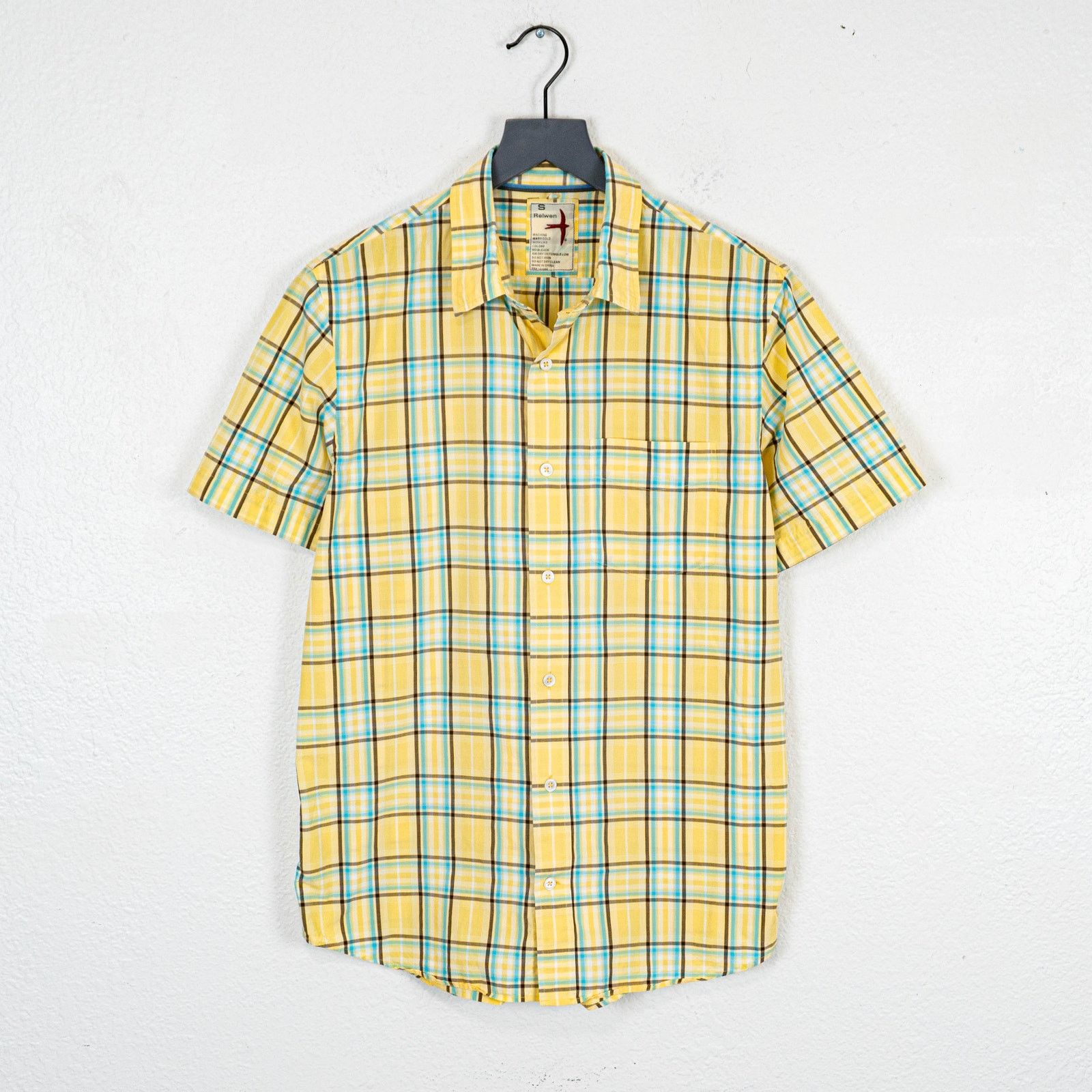 RELWEN Short Sleeve Button up Shirt Yellow Plaid cotton sz S
