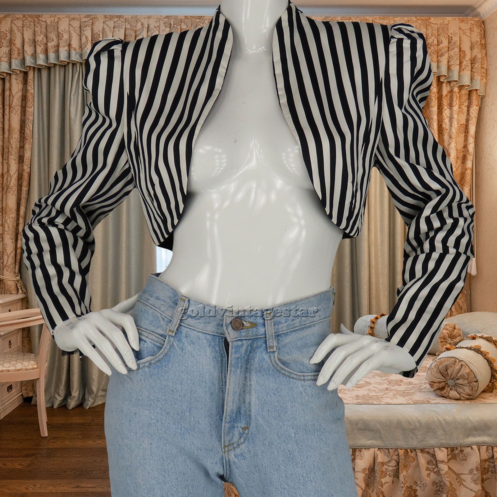 Other Vintage Bold Stripe Blazer S: Monochrome Puff Sleeve Size S / US 4 / IT 40 - 7 Thumbnail