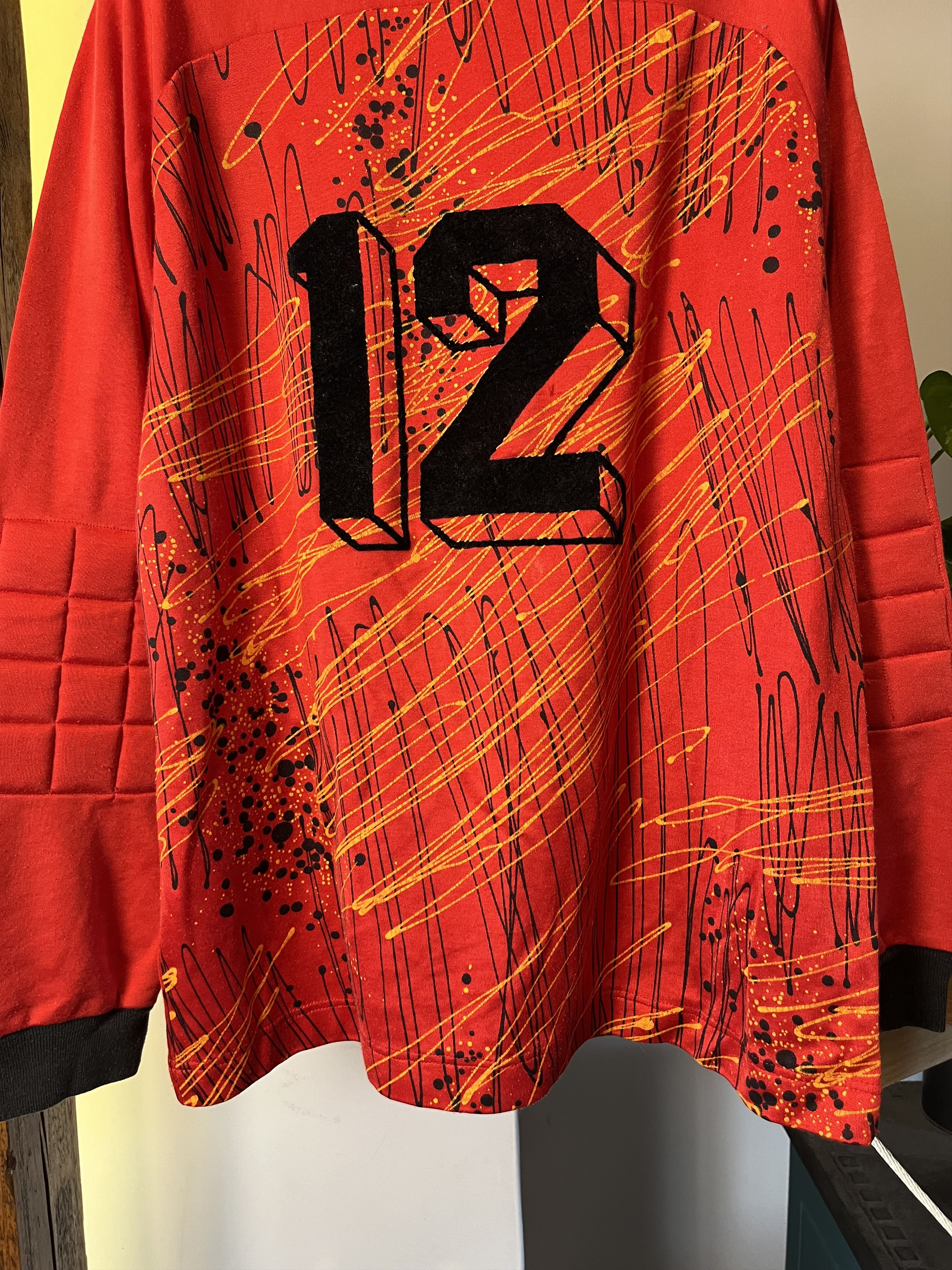 Vintage 1990 Adidas Goalkeeper Jersey Red Paint Splatter Padded Size US L / EU 52-54 / 3 - 7 Thumbnail