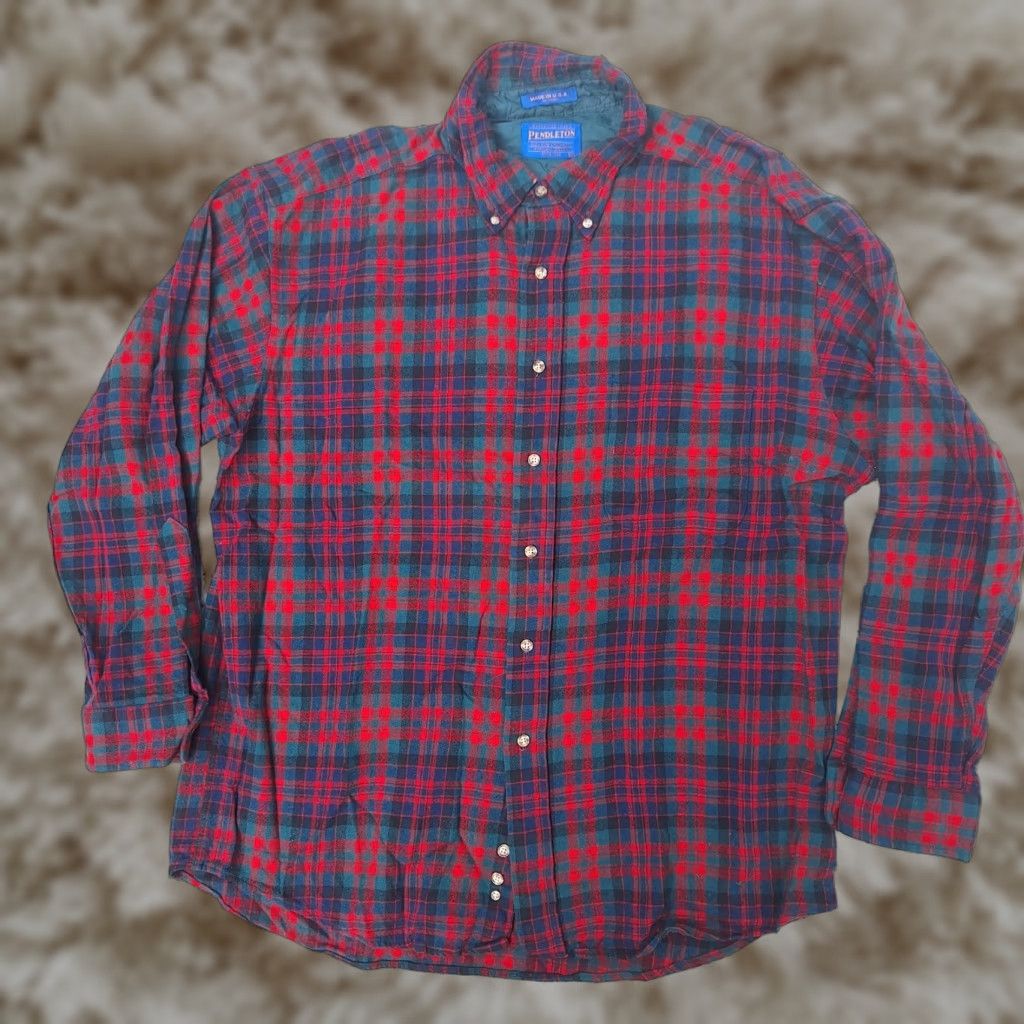 VINTAGE Pendleton Shirt Wool Flannel Plaid Button Up Long Sleeve XL Mens Red 80s 90s Retro Classic USA Bohemian Outdoor